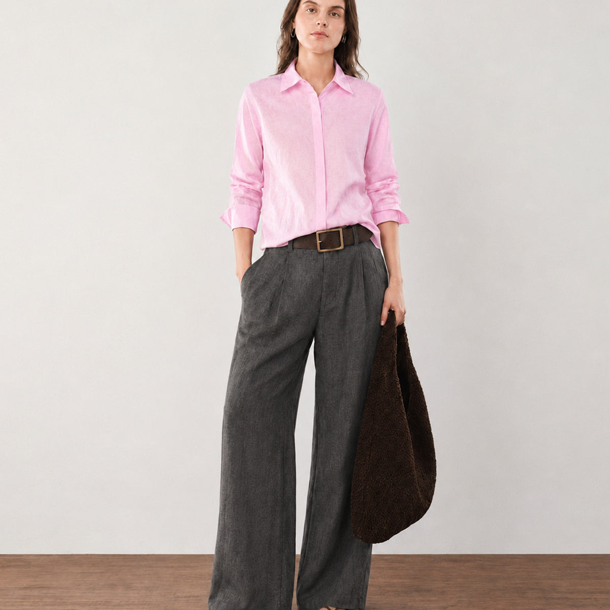 Gazillion Falcon baby pink soft linen formal shirt for women, full-length front view