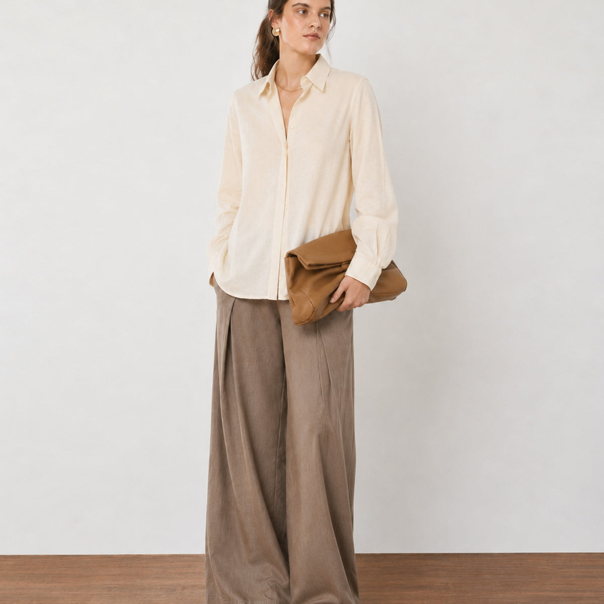 Gazillion Falcon ecru beige soft linen formal shirt for women, full-length front view