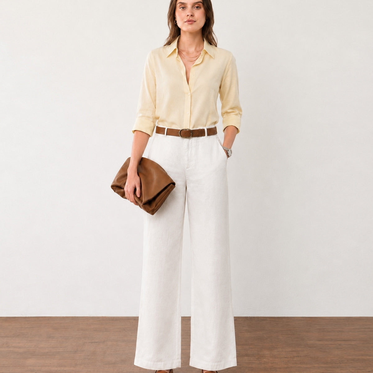 Gazillion Falcon lemon yellow soft linen formal shirt for women, full-length front view