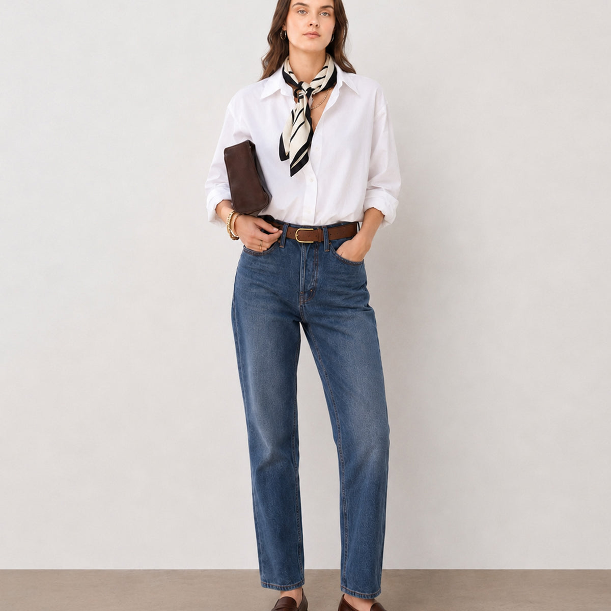 Gazillion Falcon crisp white soft linen formal shirt for women, full-length front view