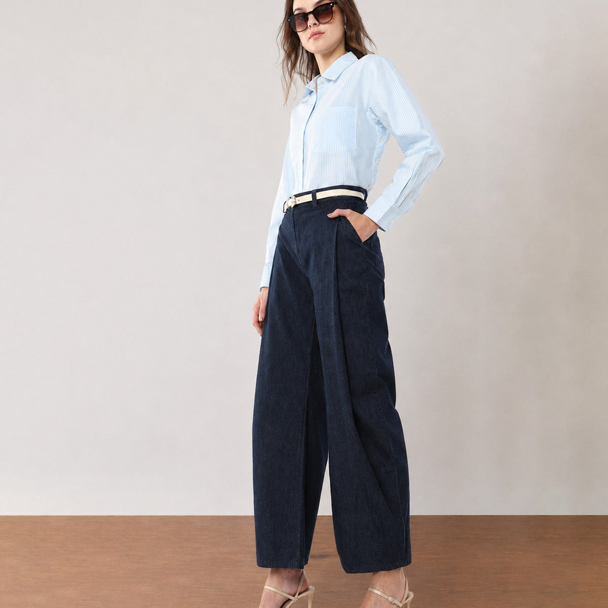 Gazillion Folk classy blue and white striped cotton shirt for women, full-length front view
