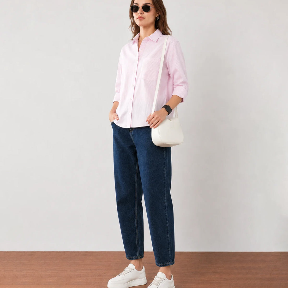 Gazillion Folk stylish pink and white striped cotton shirt for women, full-length front view