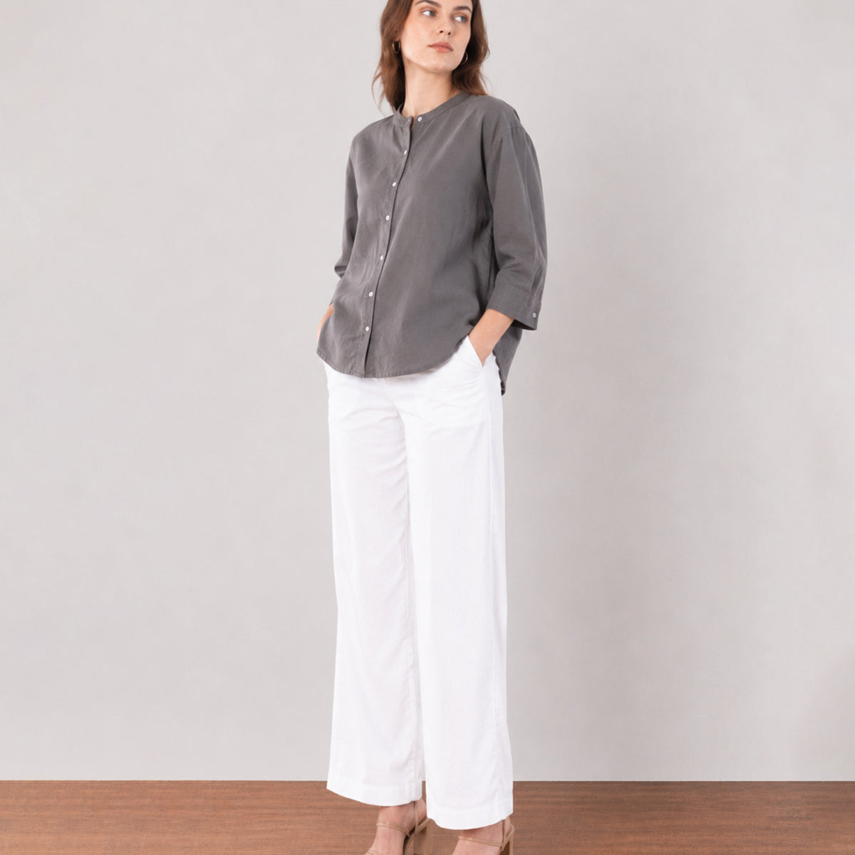 Gazillion Forest dark grey cotton linen shirt for women, full-length front view