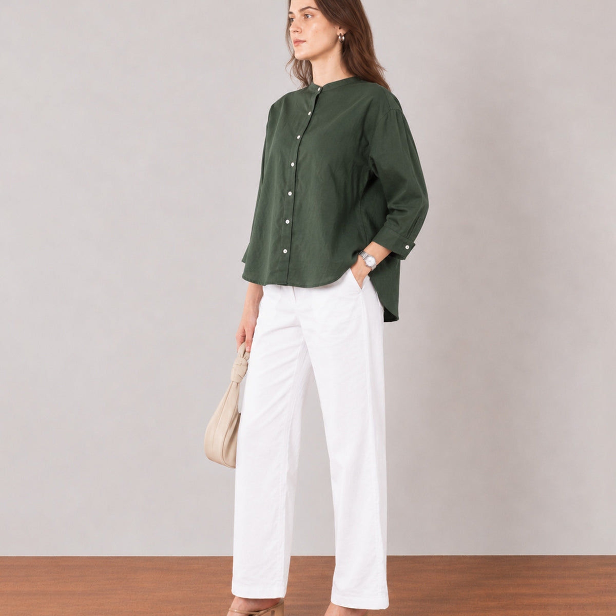 Gazillion Forest olive green cotton linen shirt for women, full-length front view