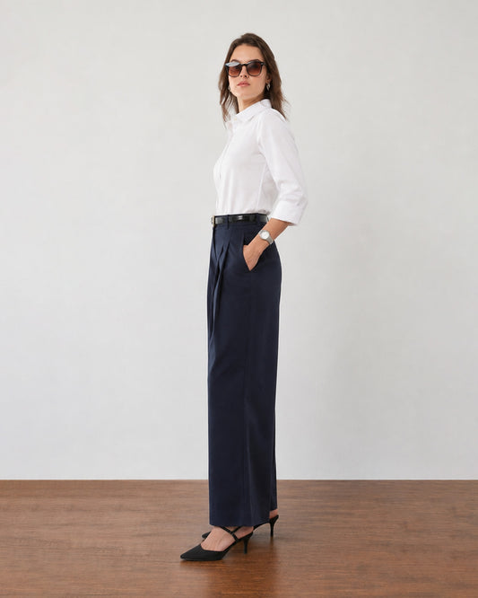 Frida navy wide-leg cotton pants with double front pleats, front view