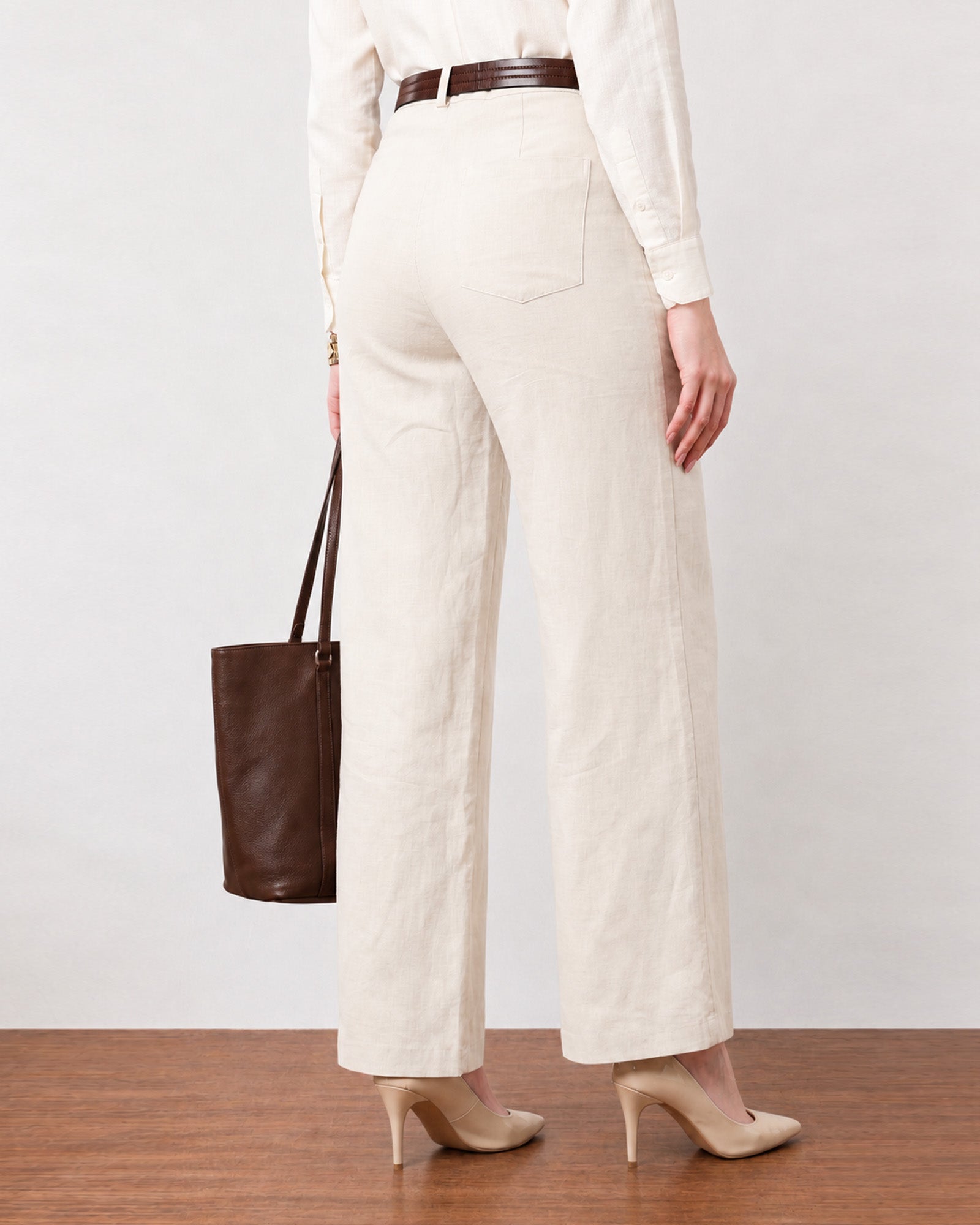 Gabriela beige linen pants with full cambric lining, rear welt pocket and seat seam