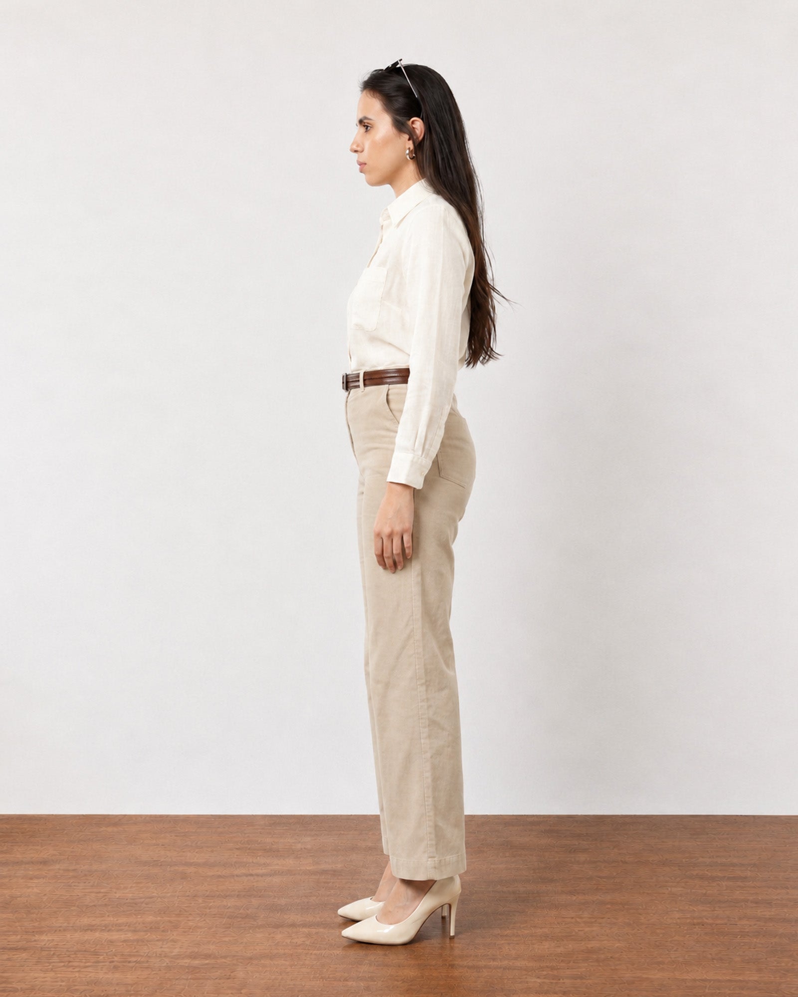 Gabriela beige lyocell linen pants with cotton voile lining, side profile view