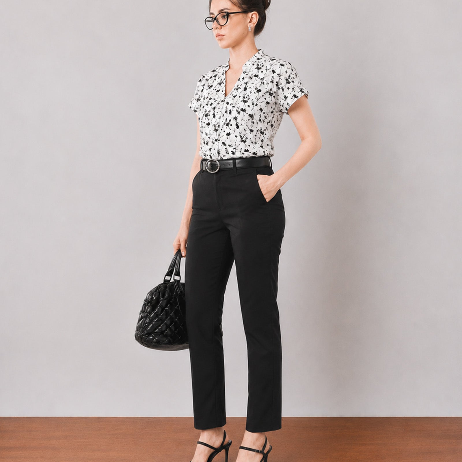 Gazillion Galaxy smart black cotton tapered office chinos for women, full-length front view