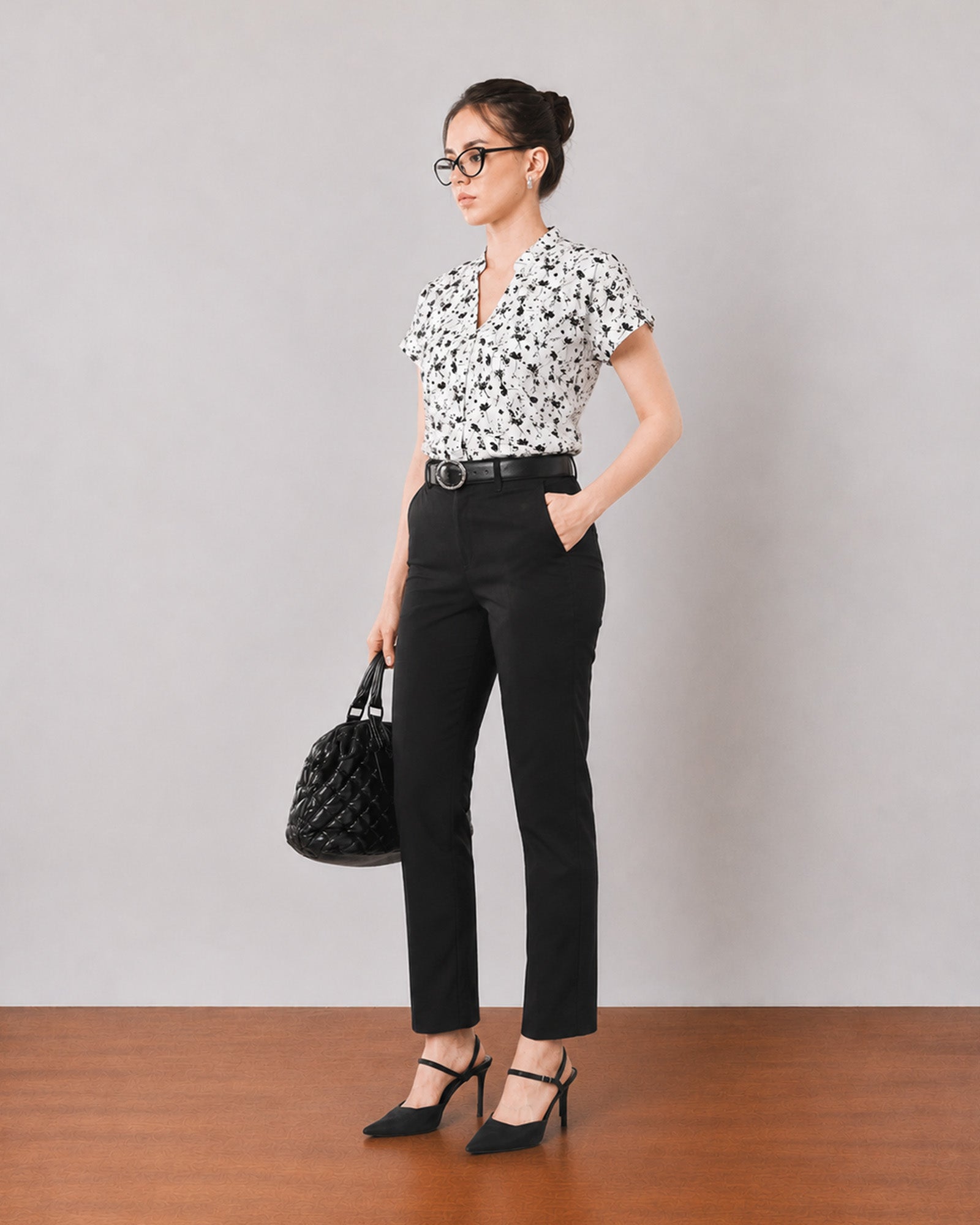 Gazillion Galaxy smart black cotton tapered office chinos for women, full-length front view