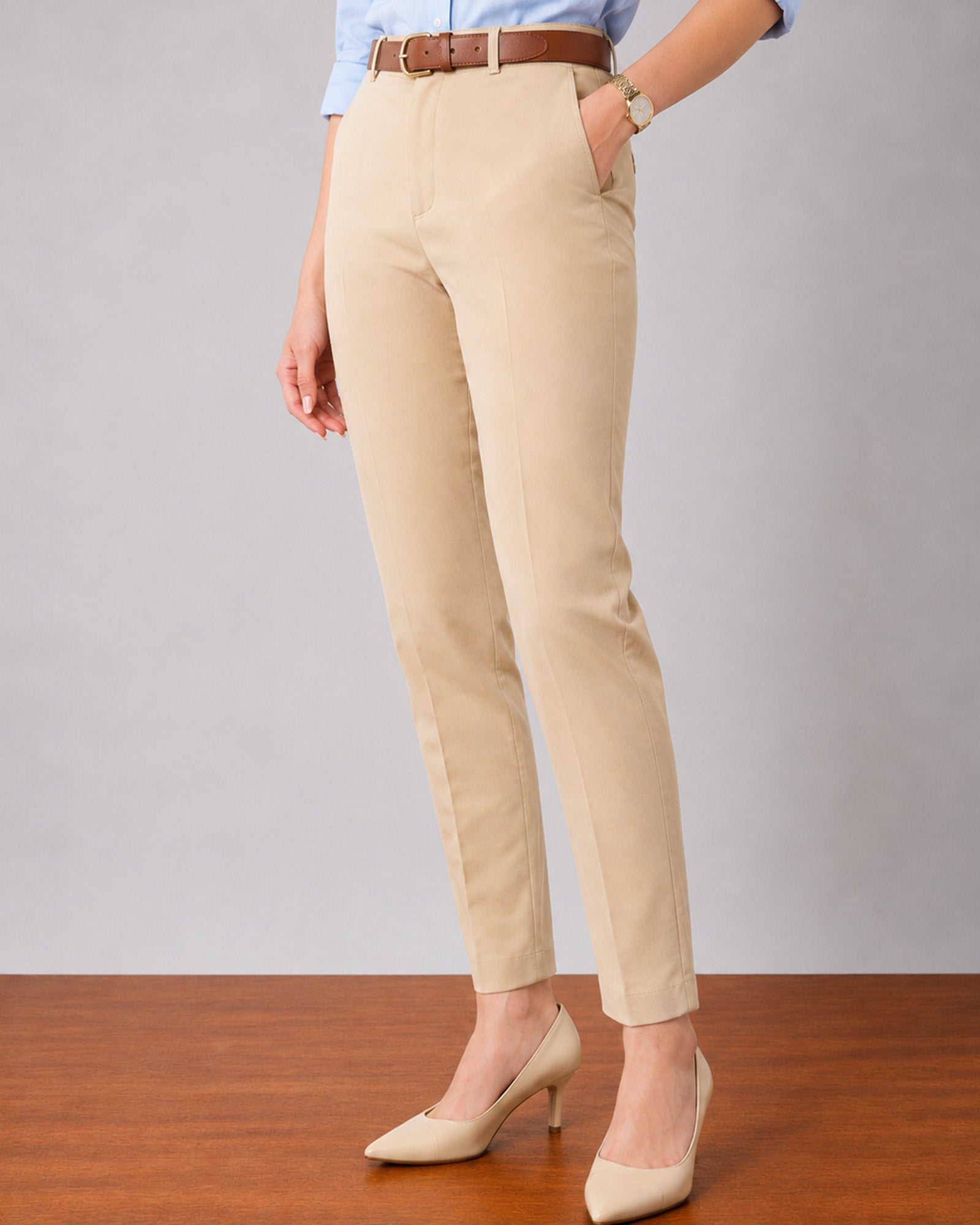 Galaxy khaki beige stretch chinos, front view with hand in pocket