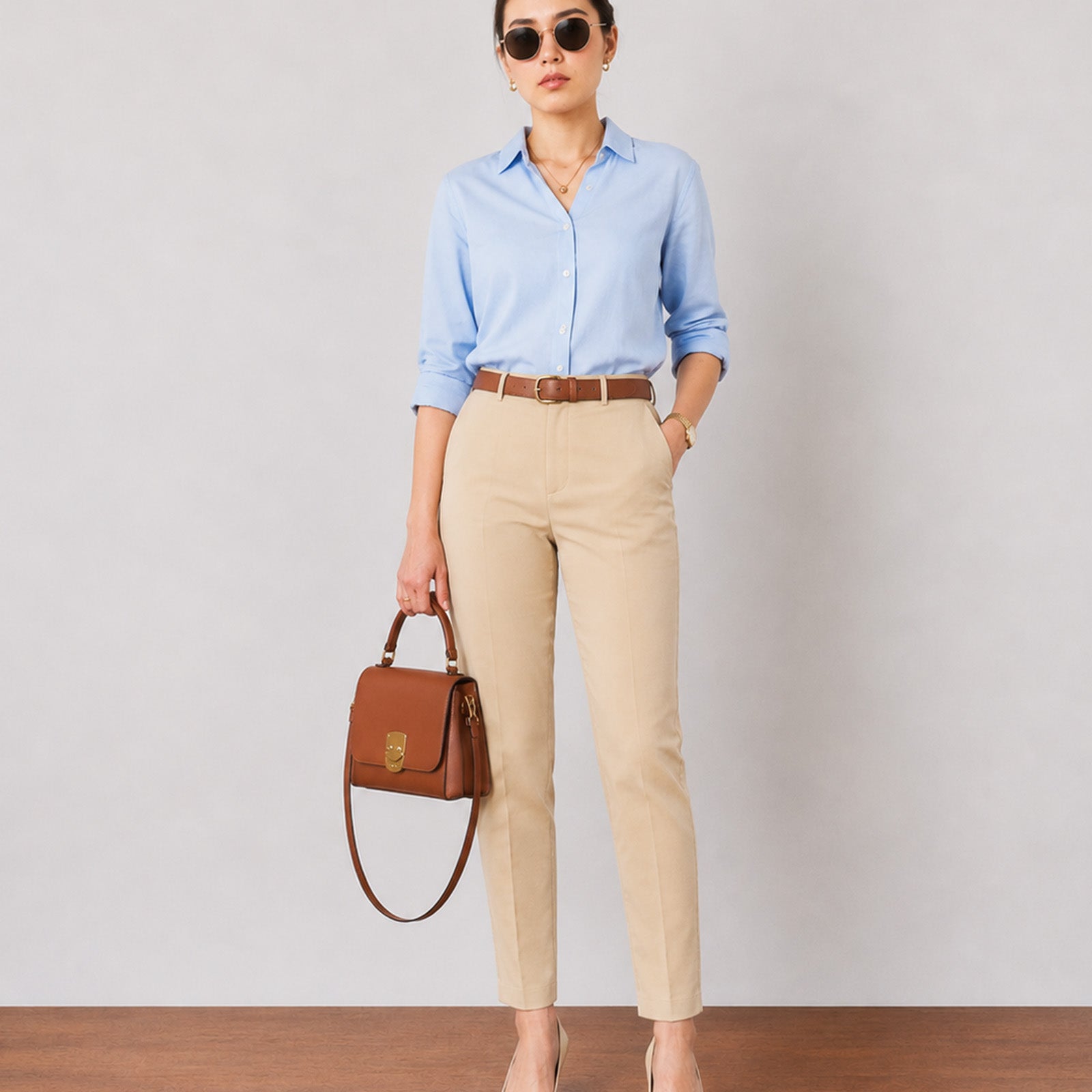 Gazillion Galaxy stylish khaki beige cotton office chinos for women, full-length front view