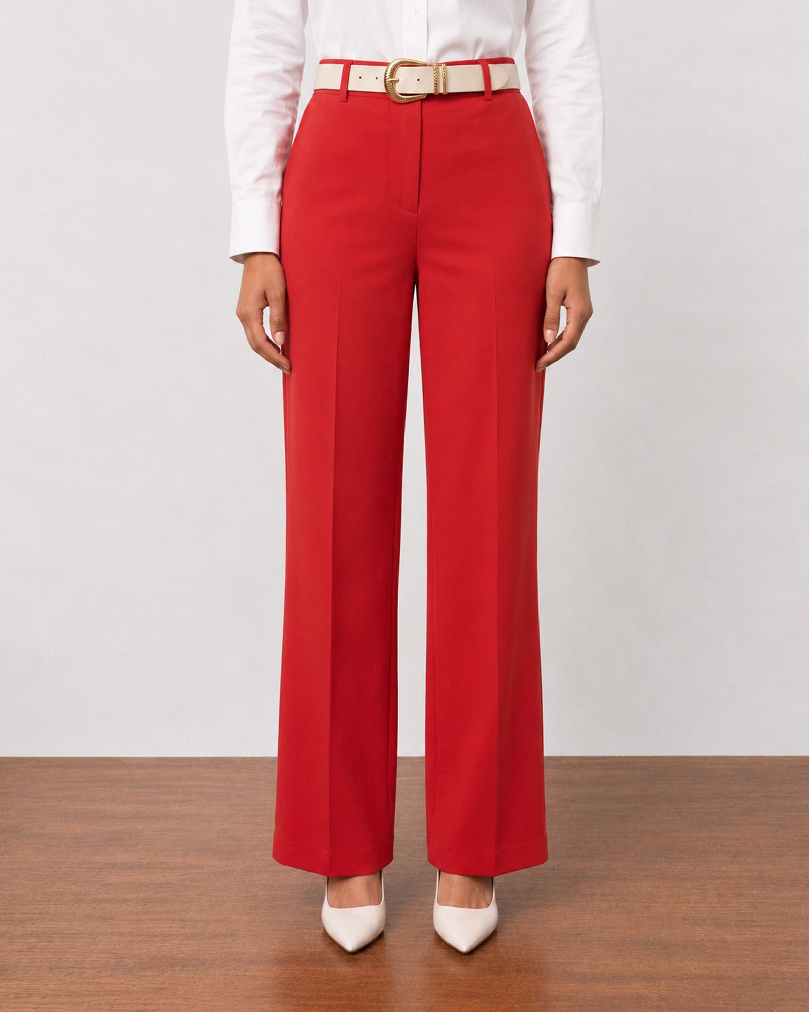 Garnet scarlet red wide leg work pants, front view, pressed crease