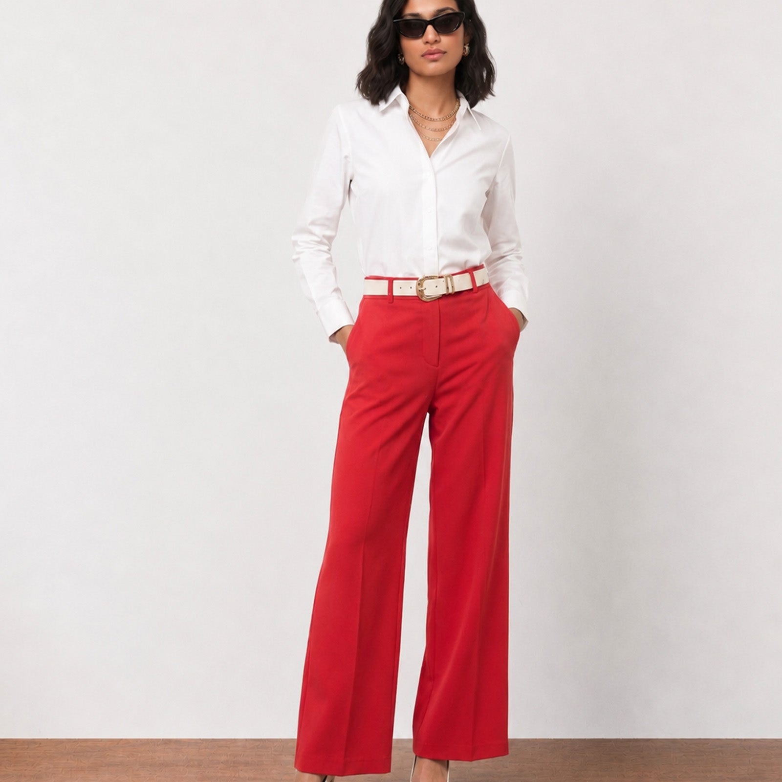 Gazillion Garnet bold scarlet red wide leg work pants for women, full-length front view