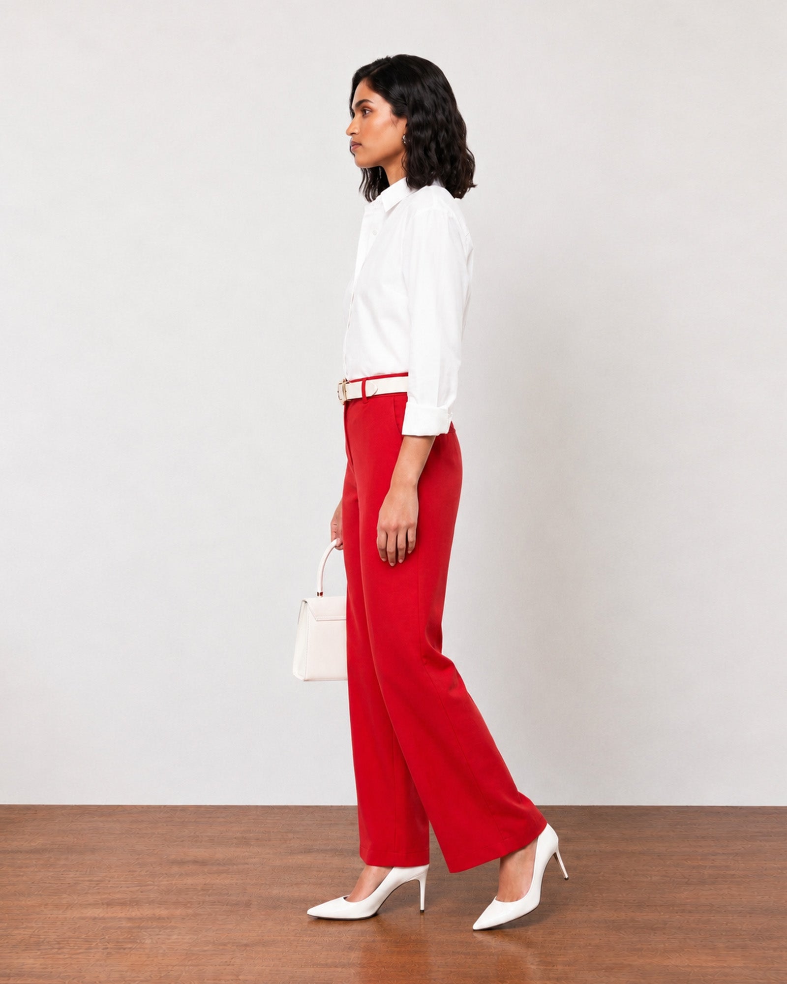 Garnet scarlet red cotton pants, side profile with wide drape