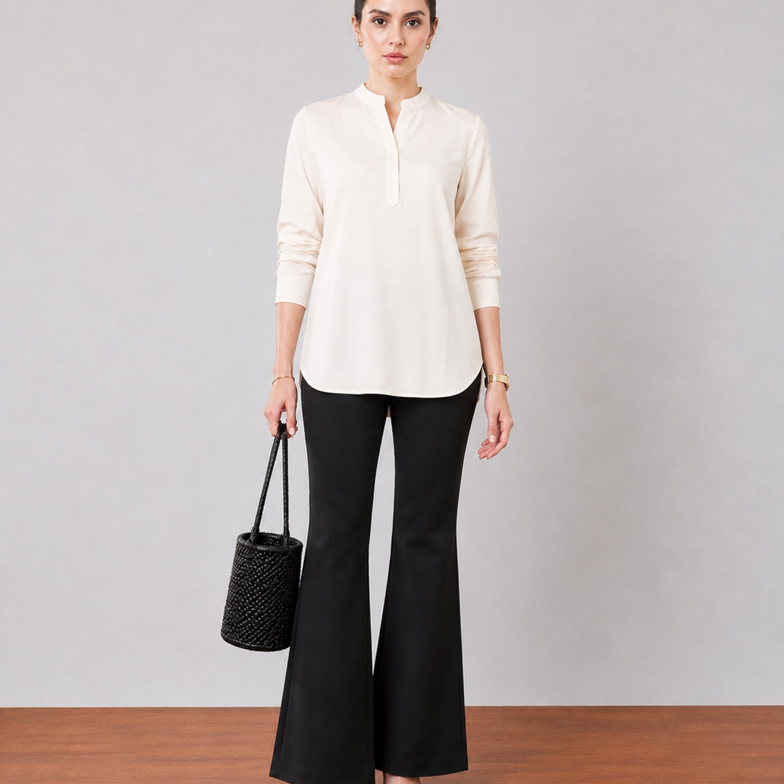 Gazillion Gemini elegant beige soft linen tunic top for women, full-length front view