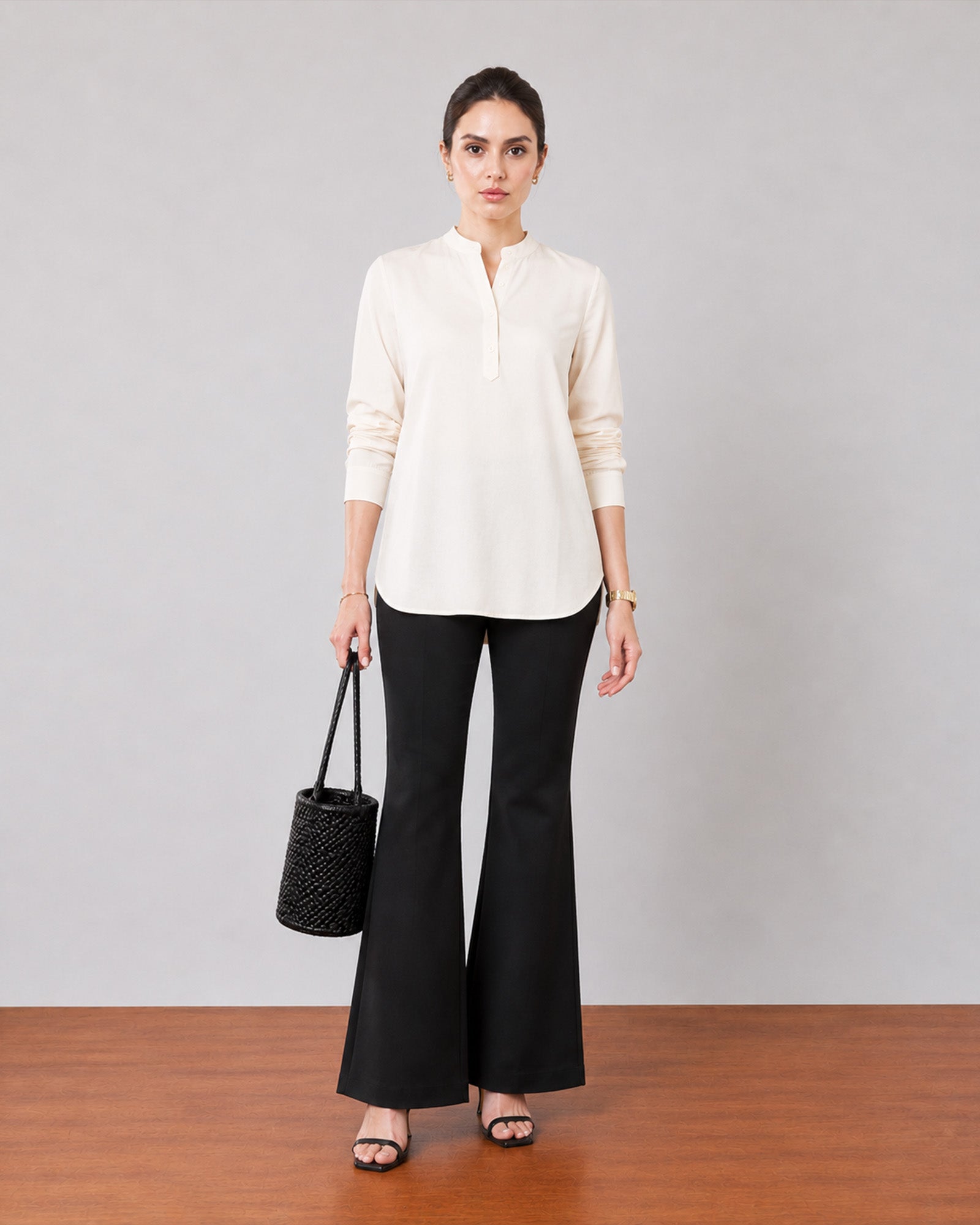Gazillion Gemini elegant beige soft linen tunic top for women, full-length front view