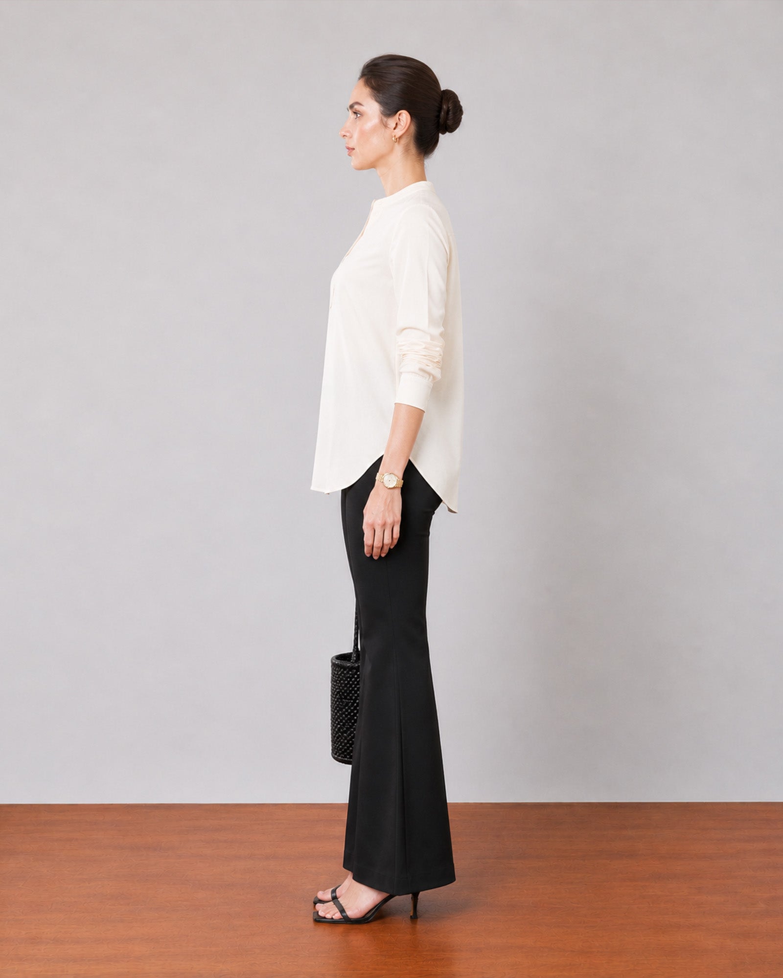 Gemini beige breathable lyocell linen tunic top, side profile showing the curved side-split hem