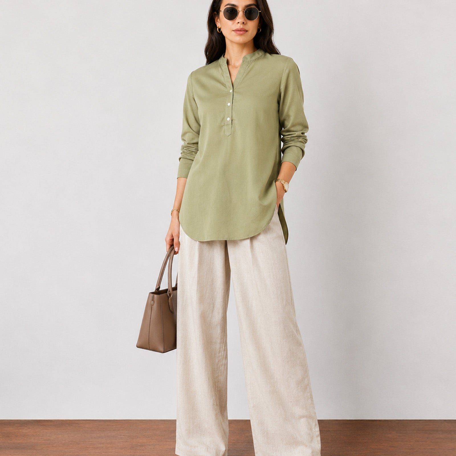 Gazillion Gemini classy moss green soft linen tunic top for women, full-length front view