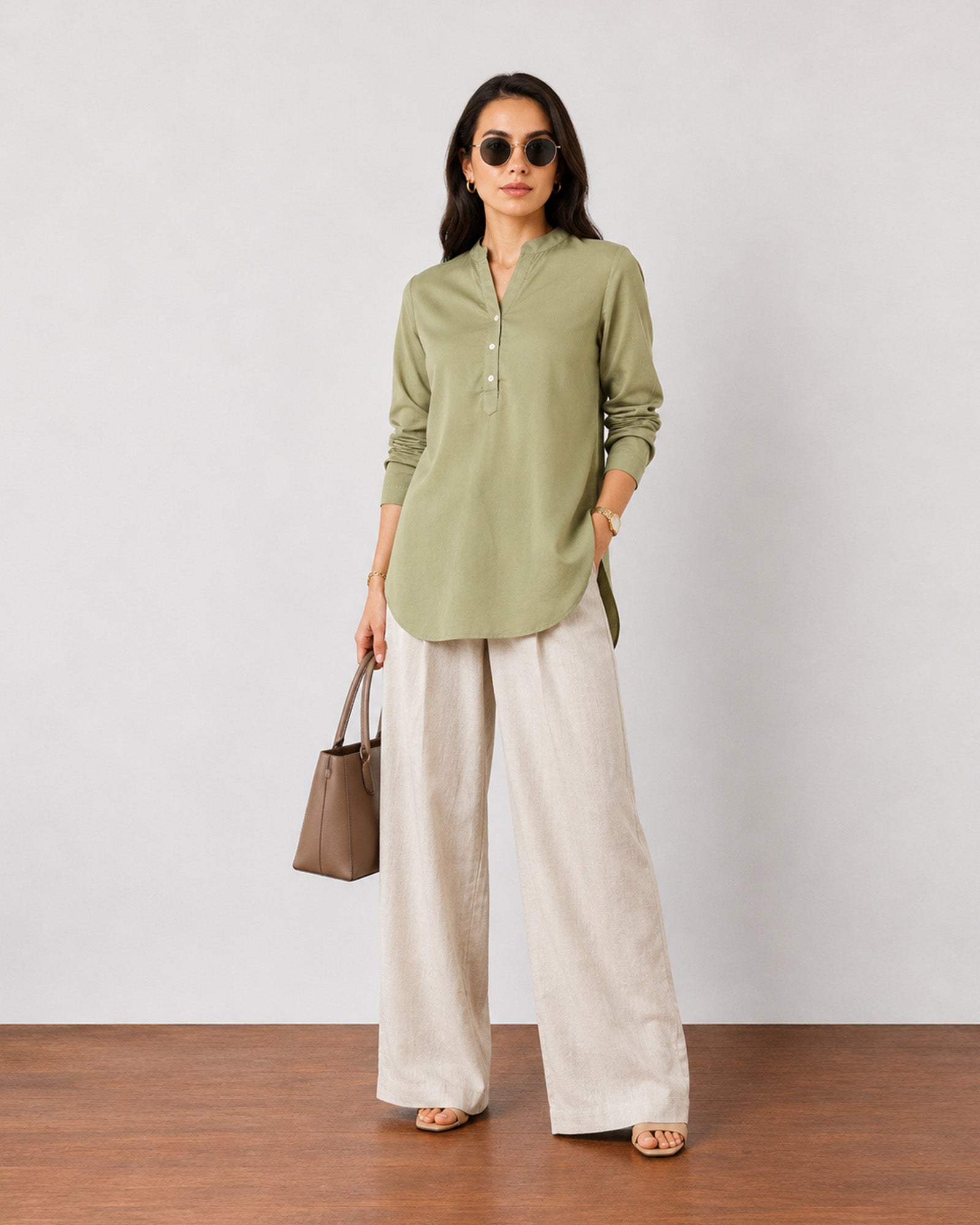 Gazillion Gemini classy moss green soft linen tunic top for women, full-length front view