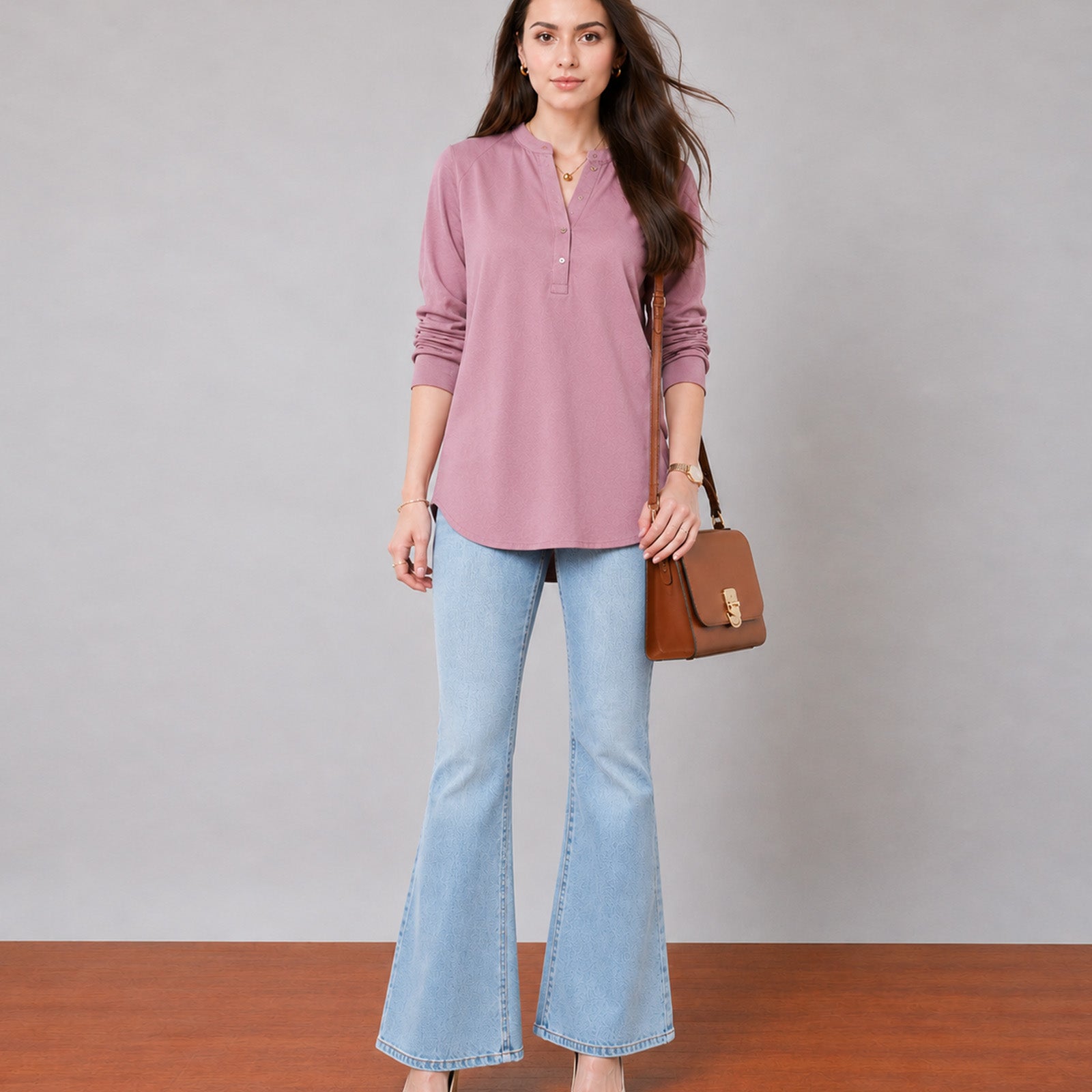 Gazillion Gemini stylish rose pink soft linen tunic top for women, full-length front view