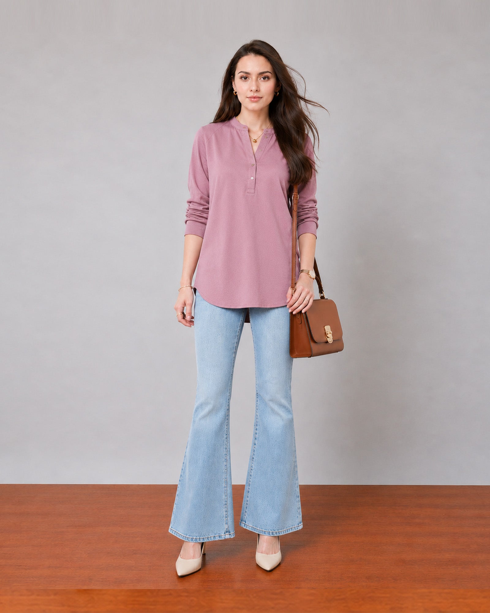 Gazillion Gemini stylish rose pink soft linen tunic top for women, full-length front view