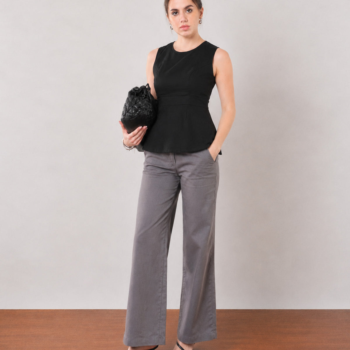 Gazillion Gianna elegant black formal soft linen top for women, full-length front view