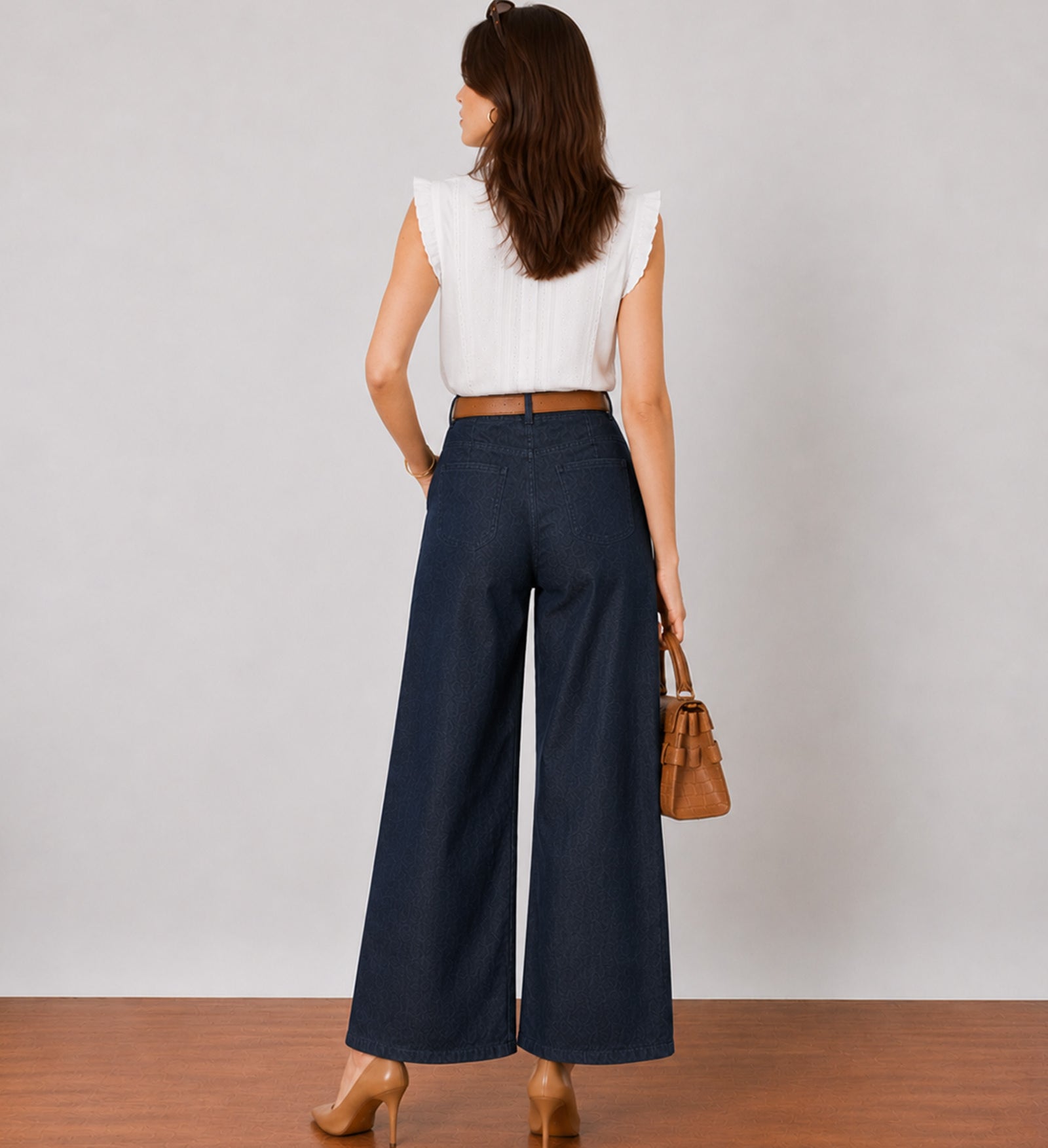 Gigi indigo blue barrel denim pants, back view of the seat seam
