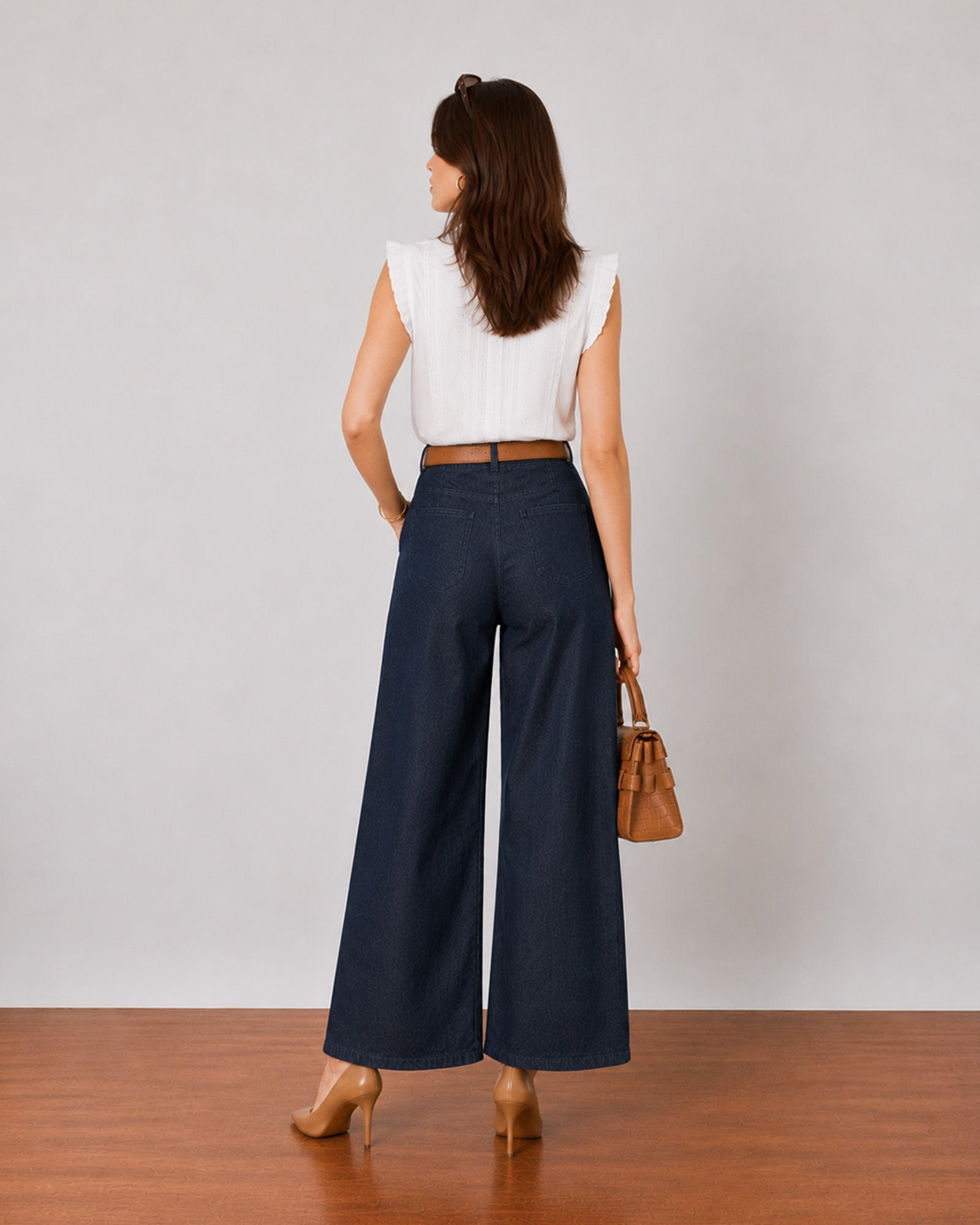 Gigi indigo blue barrel denim pants, back view of the seat seam