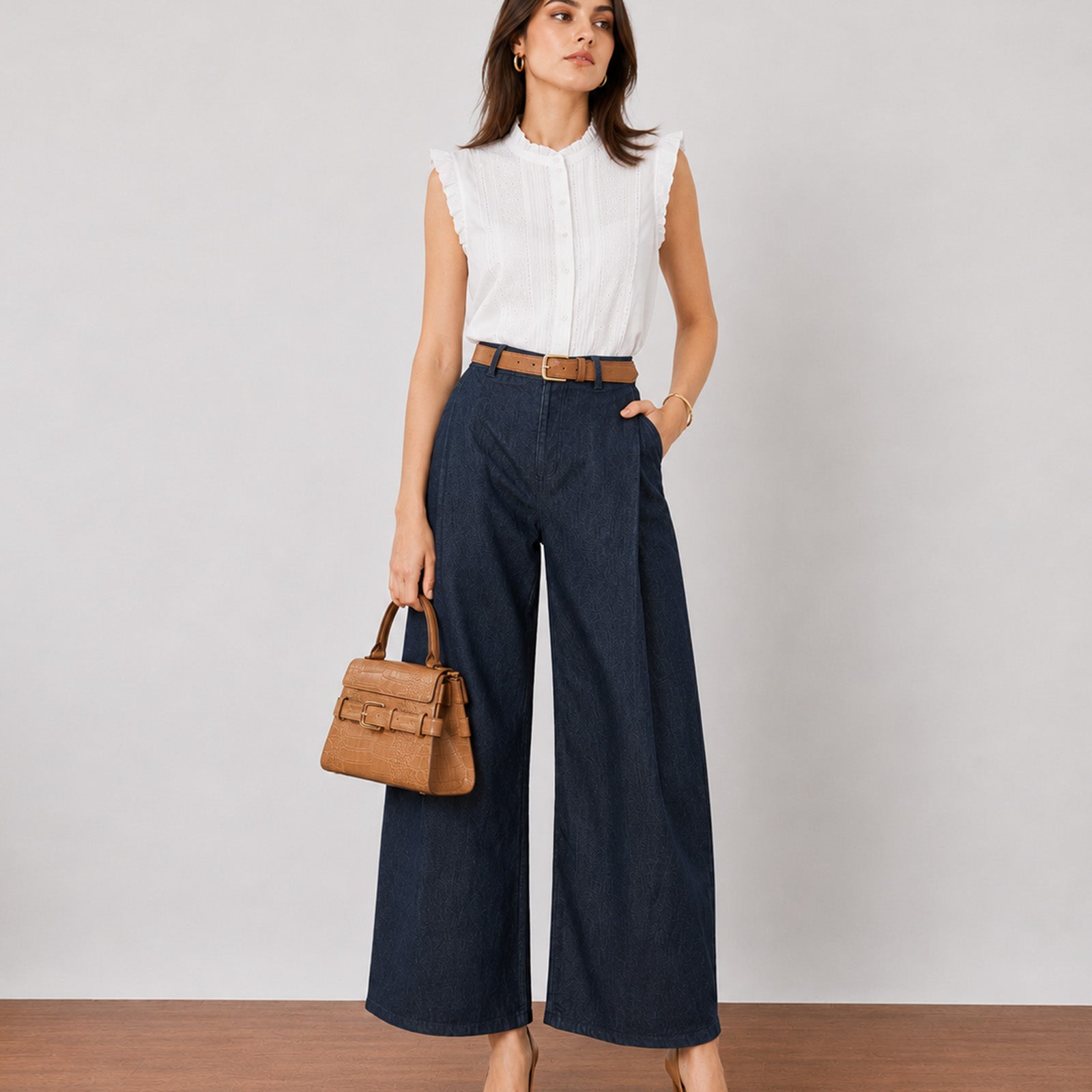 Gazillion Gigi bold indigo blue barrel denim pants for women, full-length front view