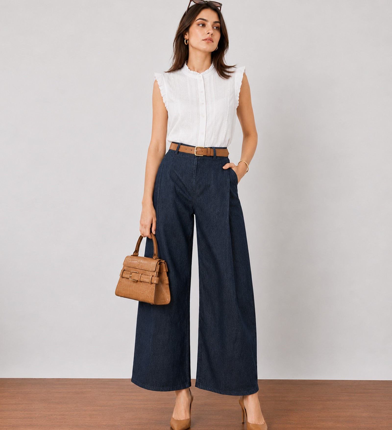 Gazillion Gigi bold indigo blue barrel denim pants for women, full-length front view