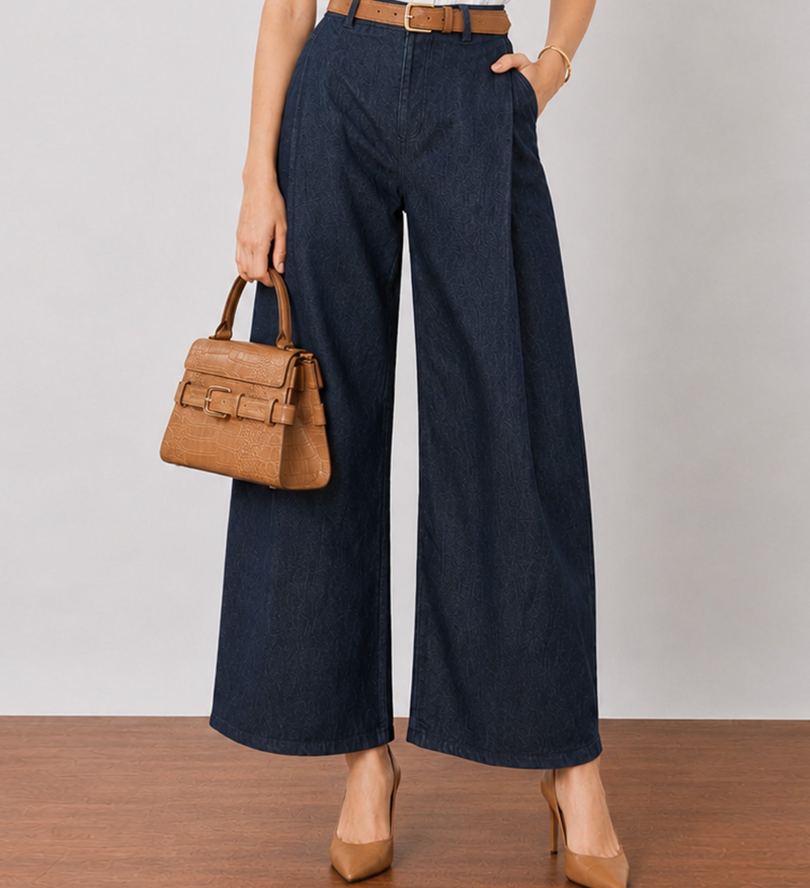 Gigi indigo blue barrel denim pants with functional cross pockets