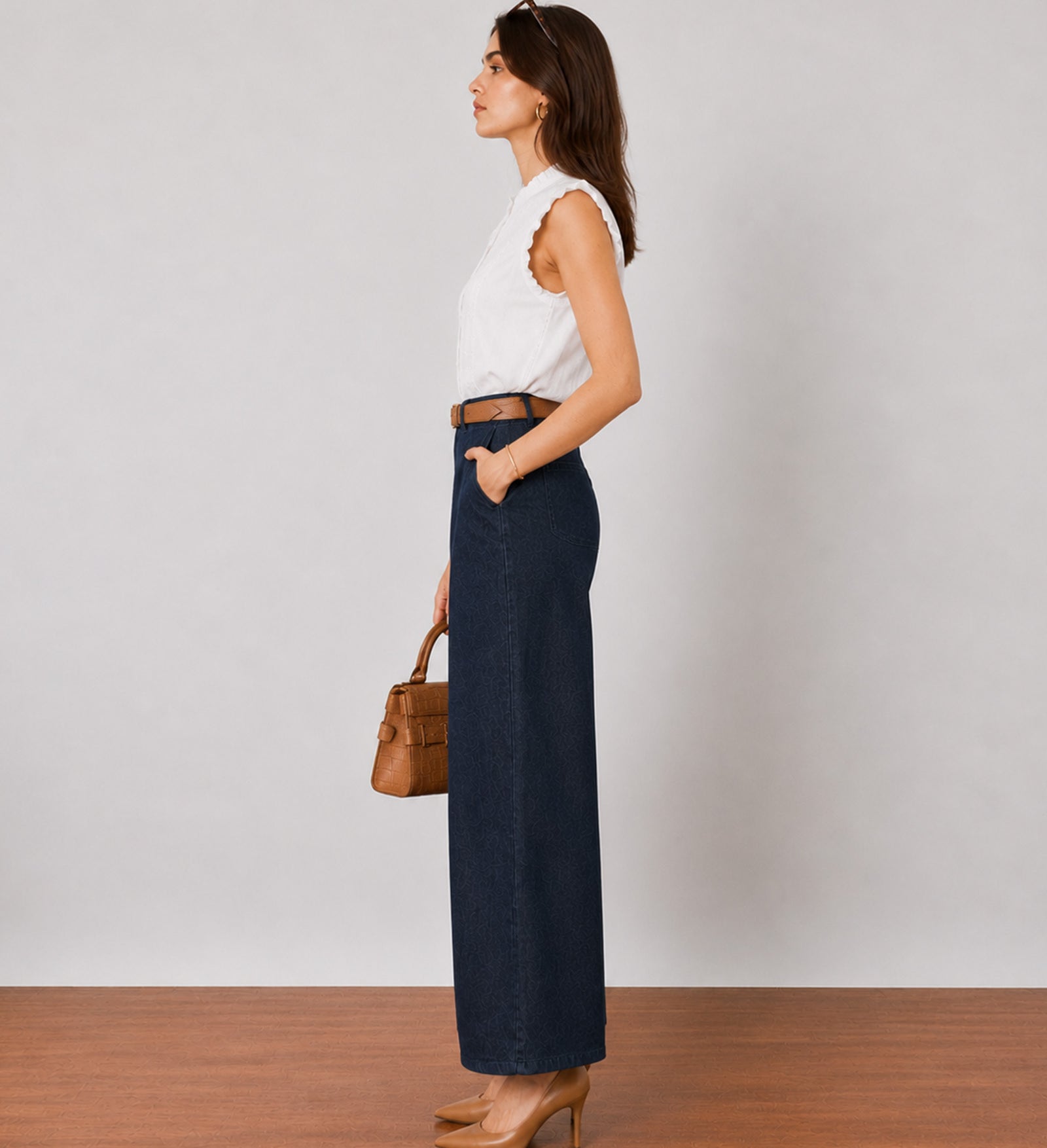 Gigi indigo blue barrel leg denim pants, side profile view