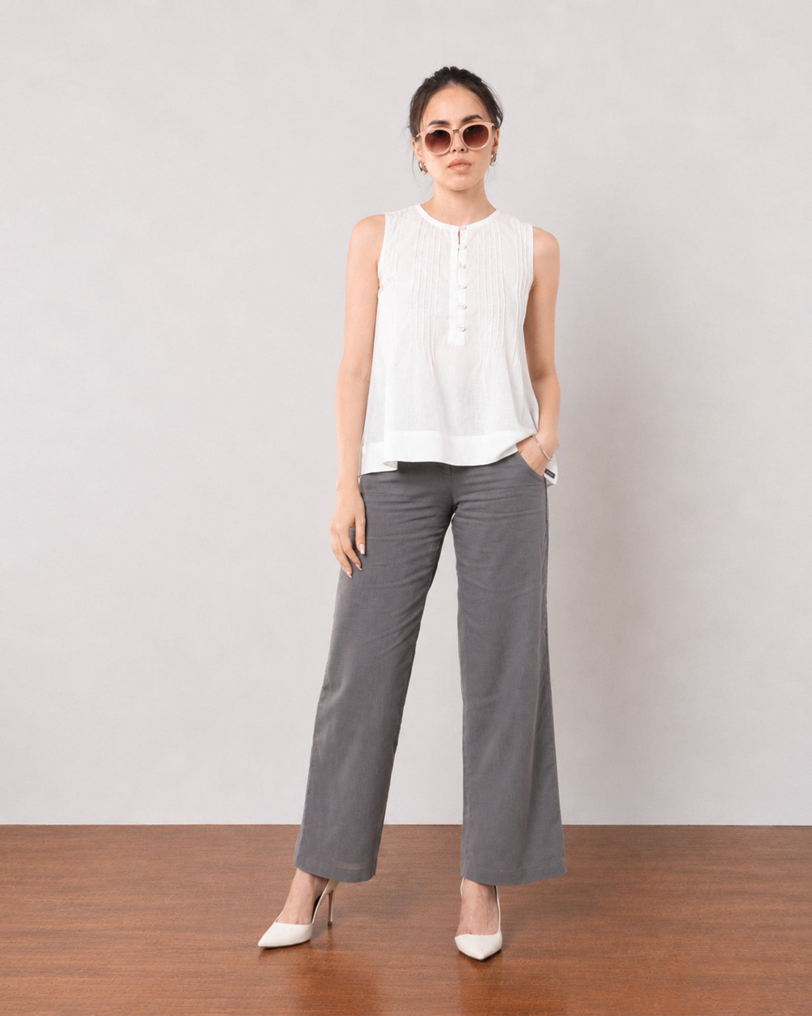 Gazillion Gill elegant white pin tucks soft linen top for women, full-length front view