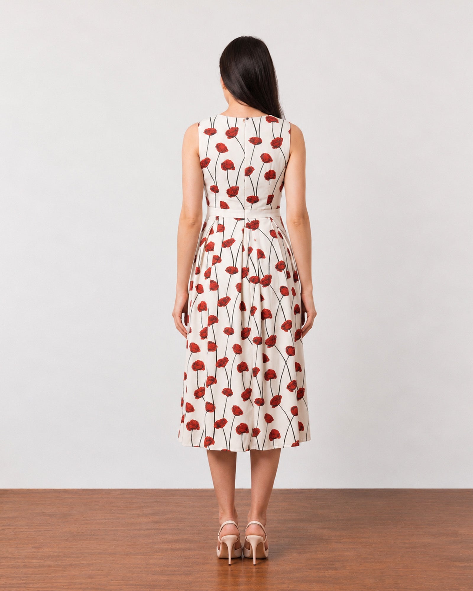 Gina red and white poppy print midi dress with cotton voile lining, back view