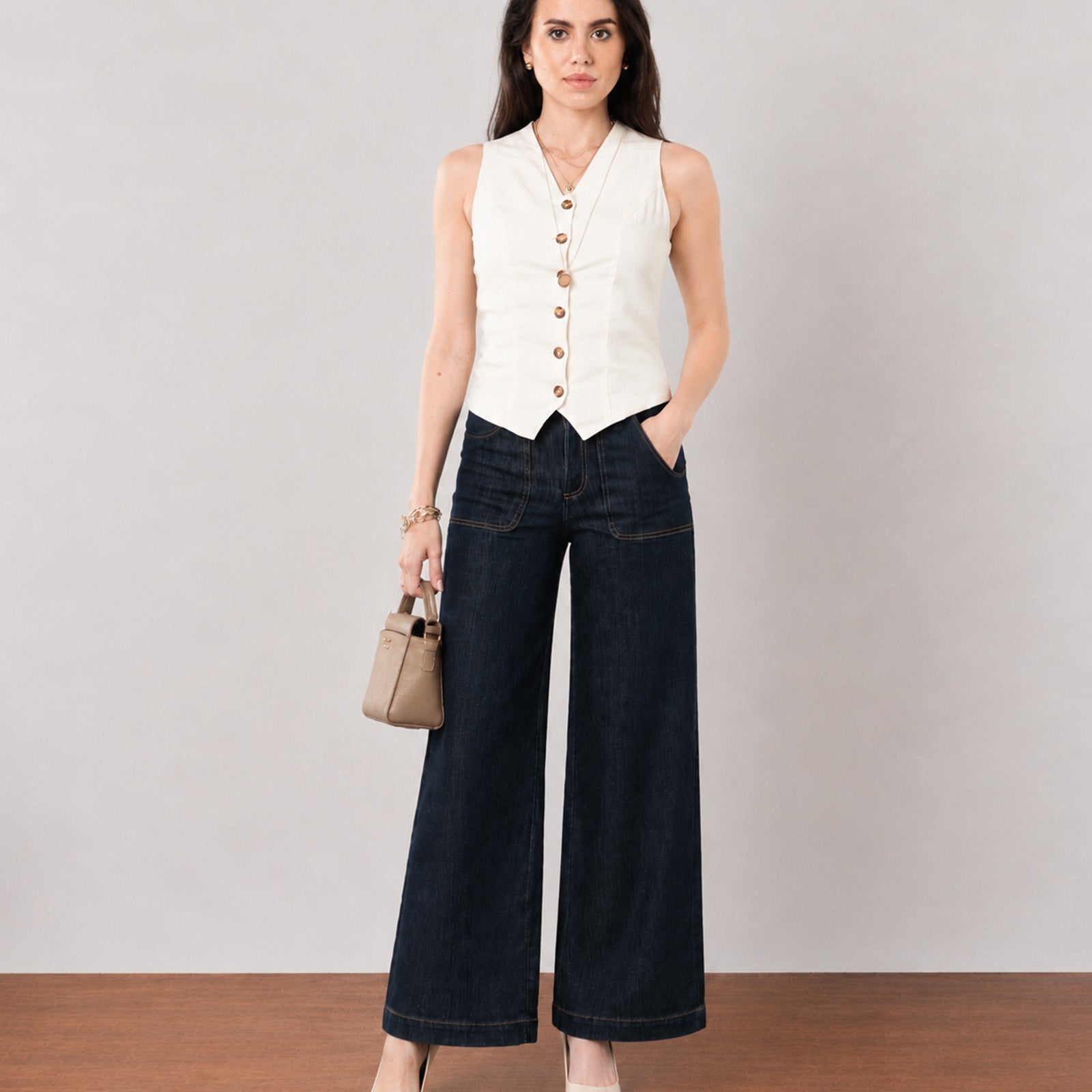 Gazillion Ginger sophisticated beige soft linen vest for women, full-length front view