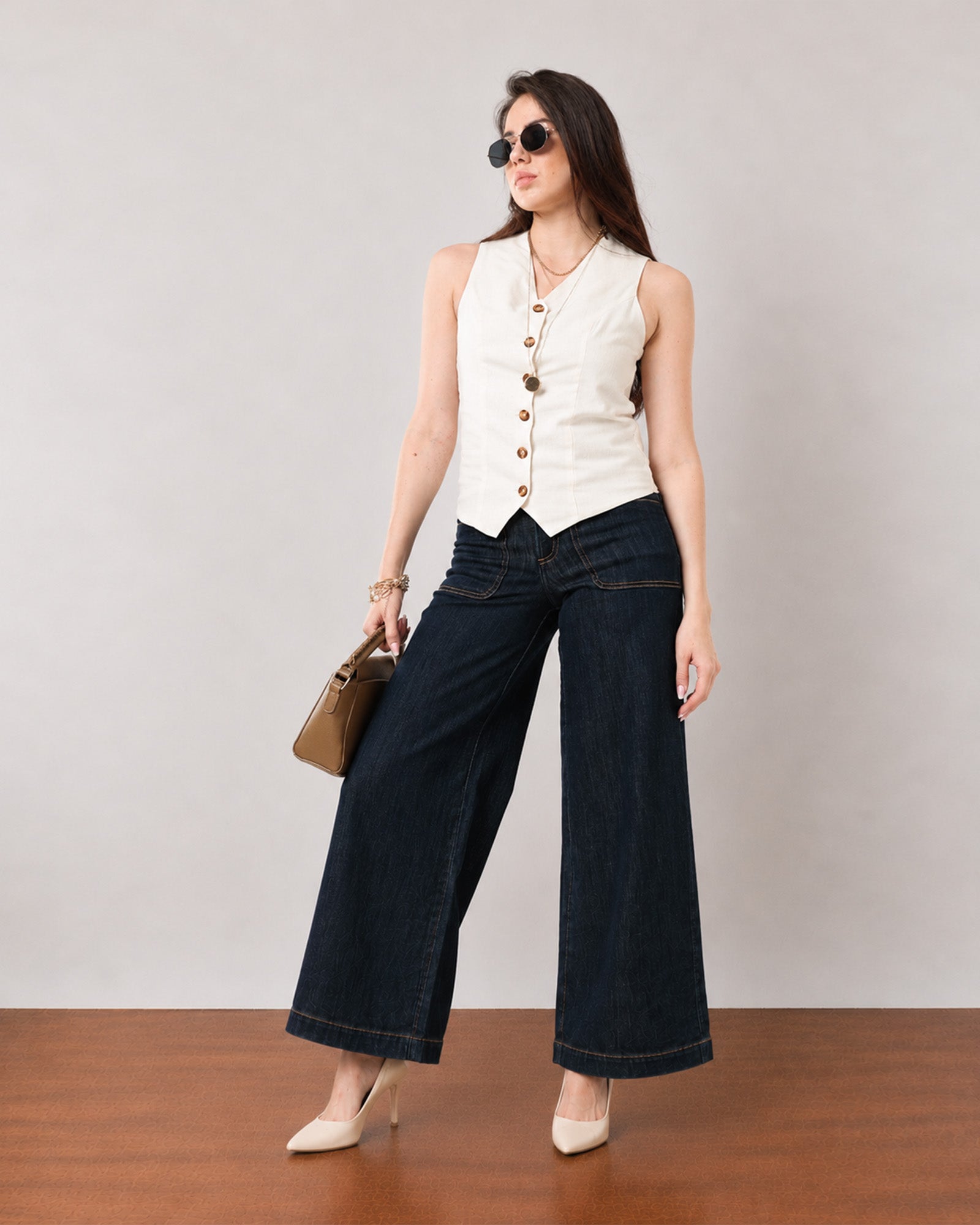 Ginger beige linen vest, smart casual walking view