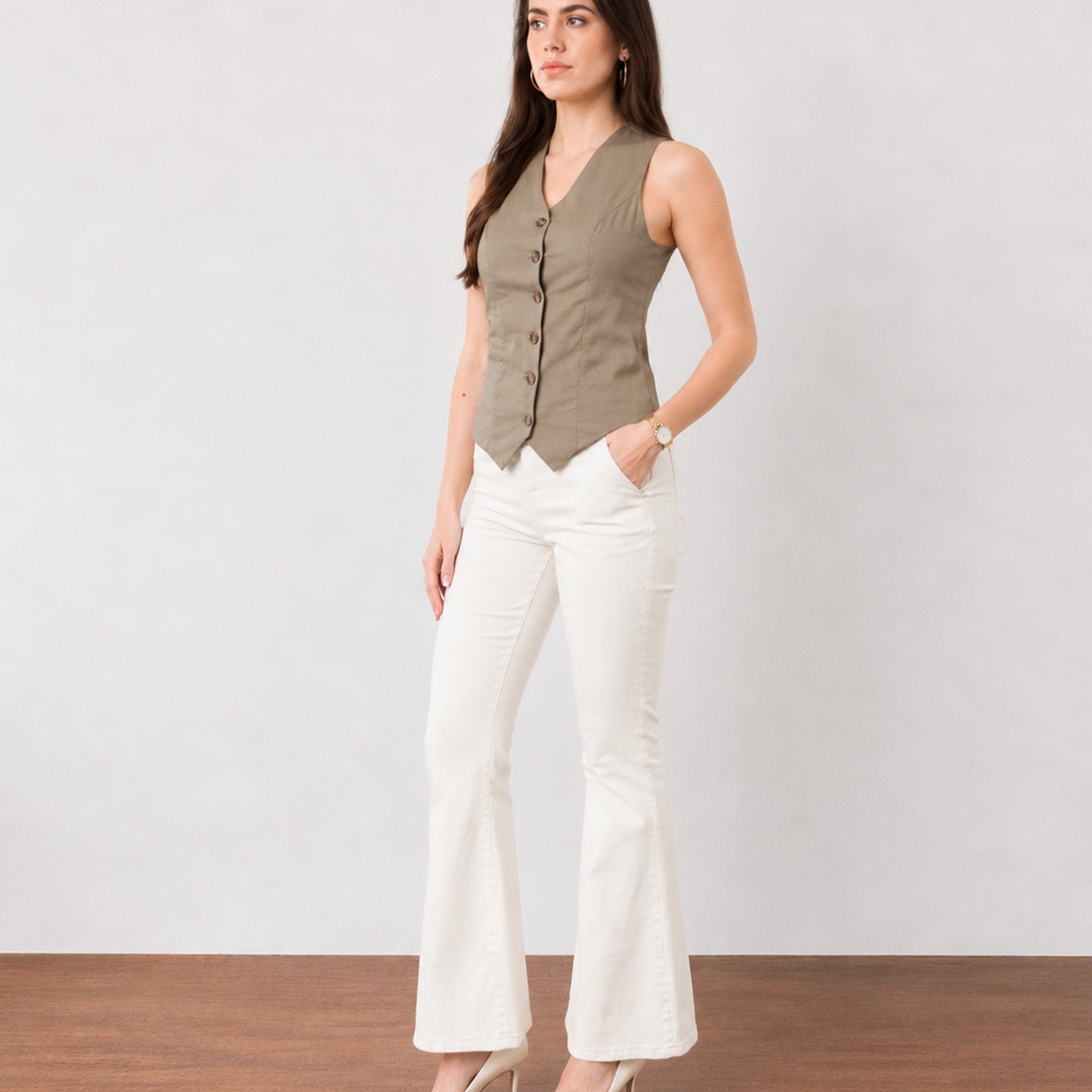 Gazillion Ginger smart muddy brown soft linen vest for women, full-length front view