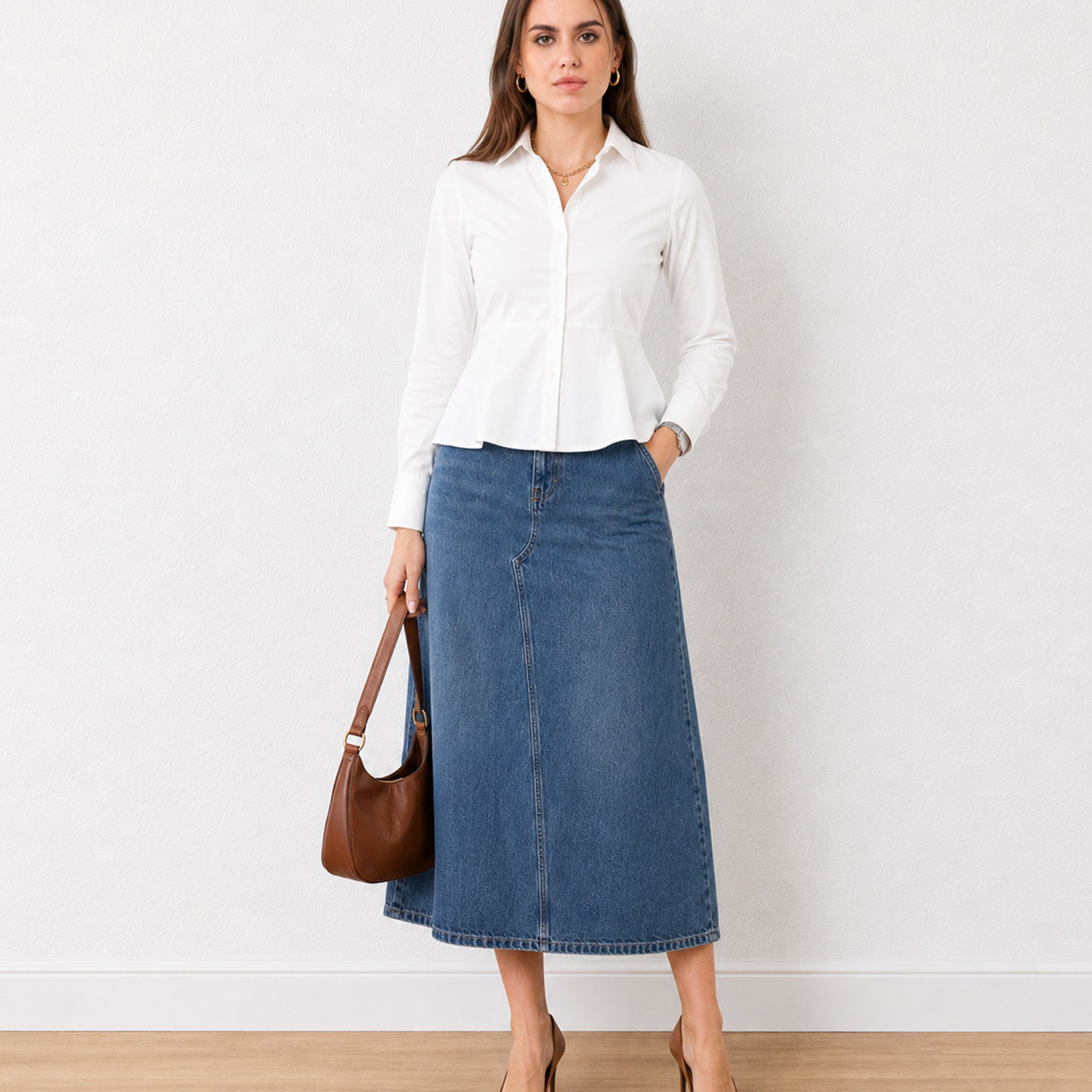 Gazillion Giselle classy white peplum shirt for women, full-length front view