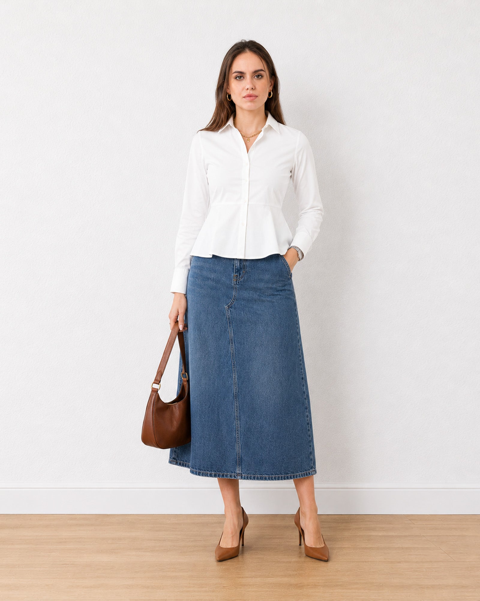 Gazillion Giselle classy white peplum shirt for women, full-length front view