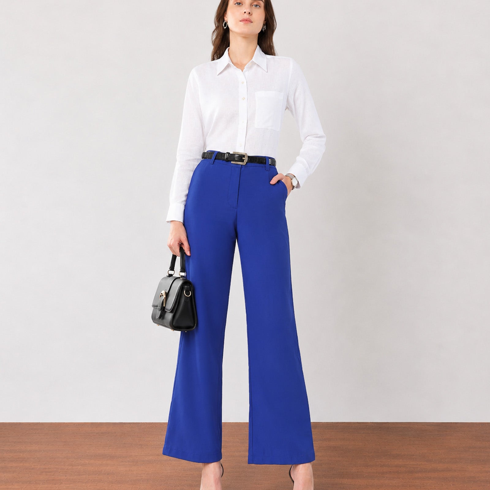 Gazillion Glin bold royal blue pleated wide leg cotton pants for women, full-length front view