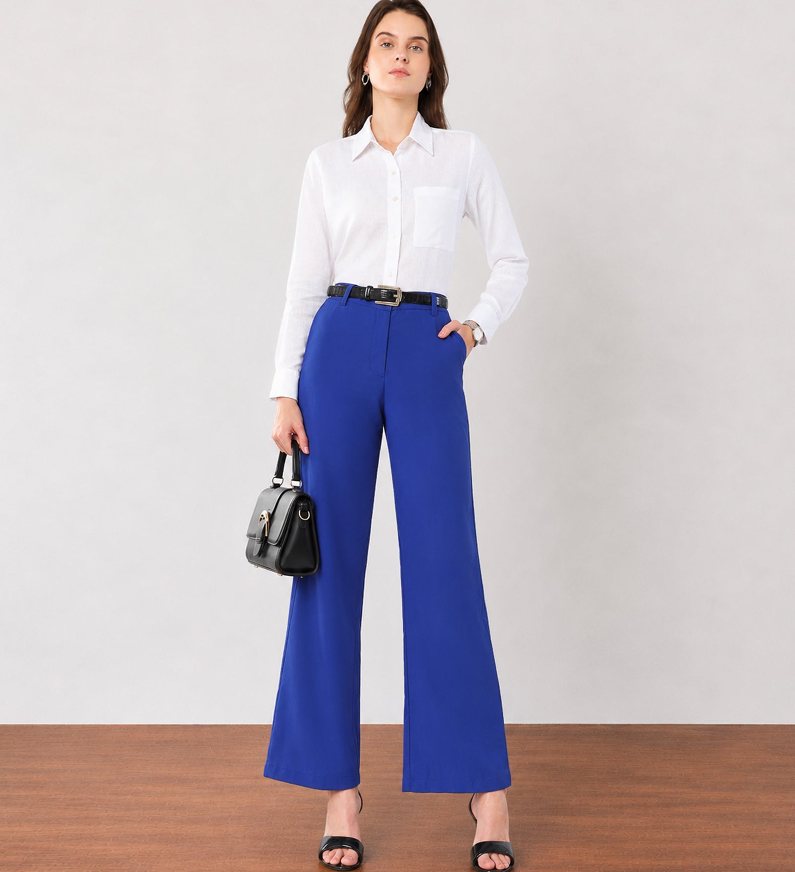Gazillion Glin bold royal blue pleated wide leg cotton pants for women, full-length front view