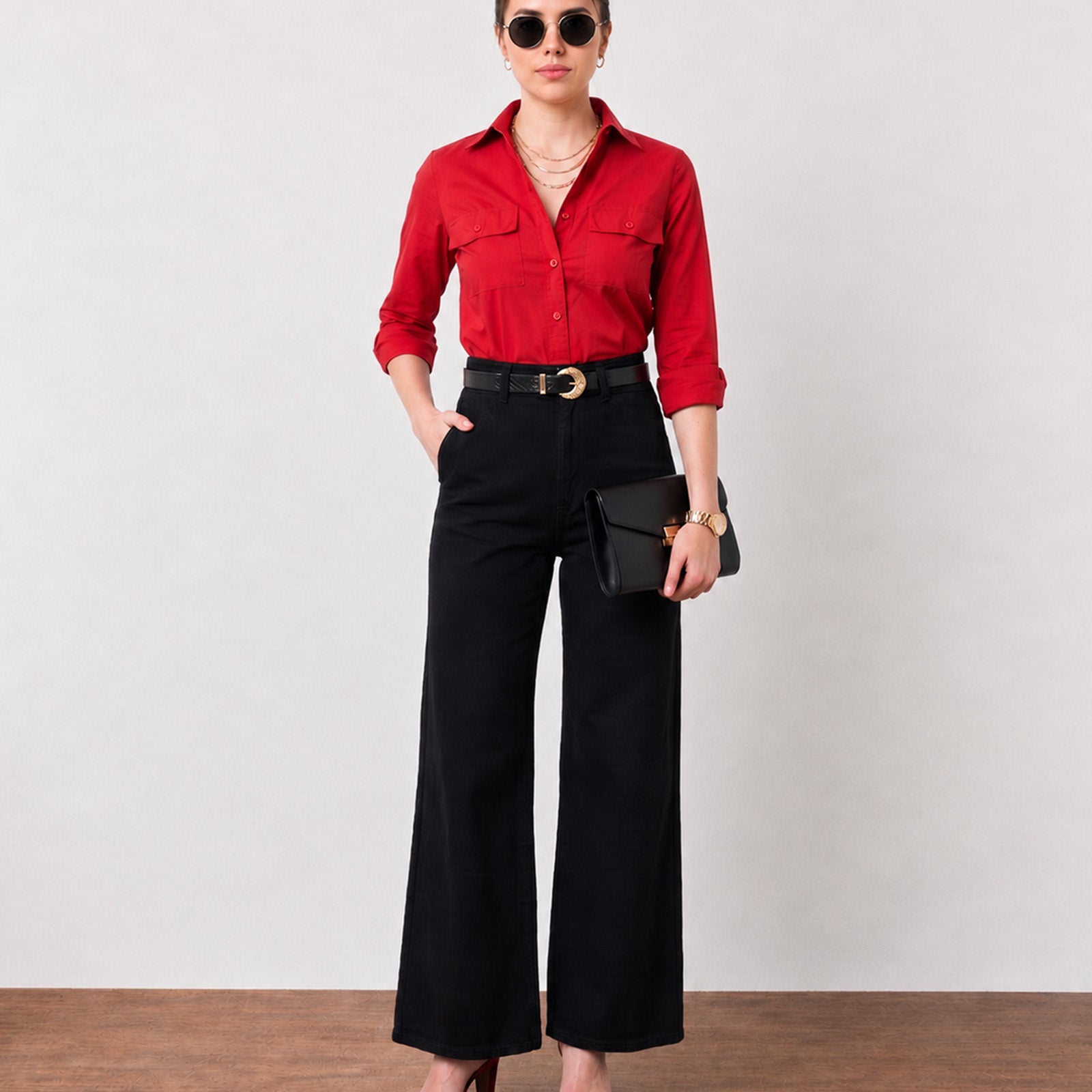 Gazillion Gracy bold scarlet red cotton utility shirt for women, full-length front view