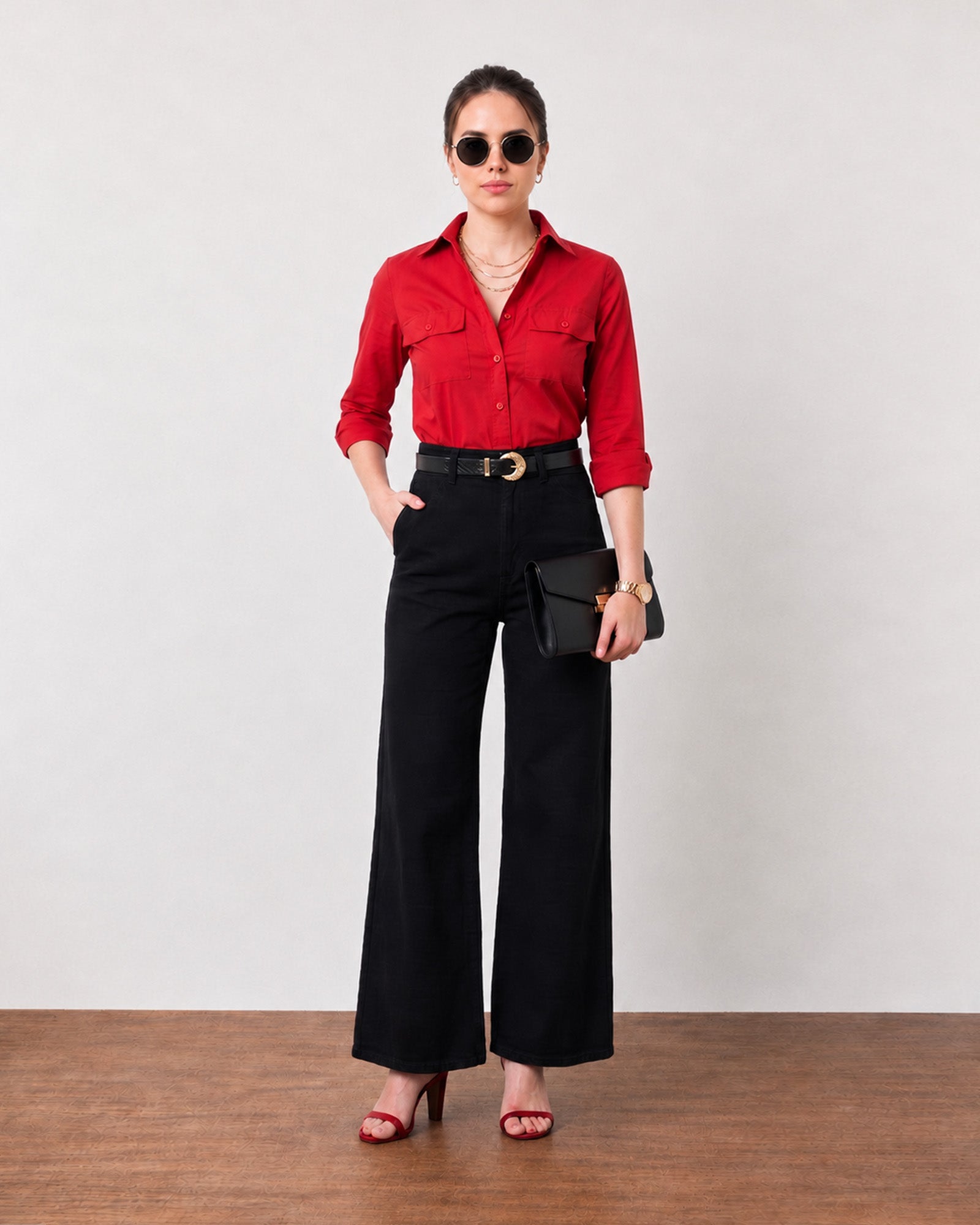 Gazillion Gracy bold scarlet red cotton utility shirt for women, full-length front view