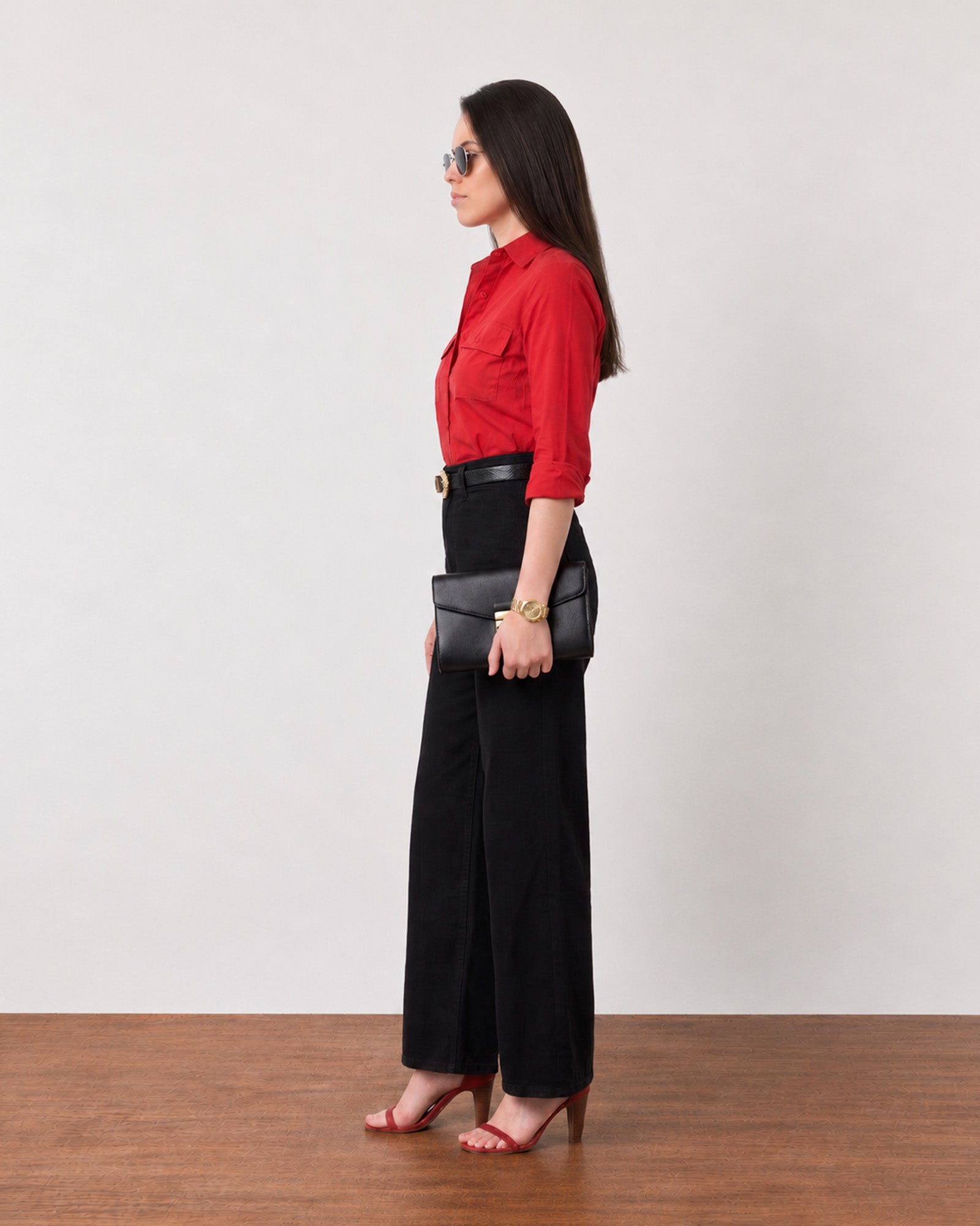 Gracy scarlet red cotton utility shirt with rolled sleeves, side profile view