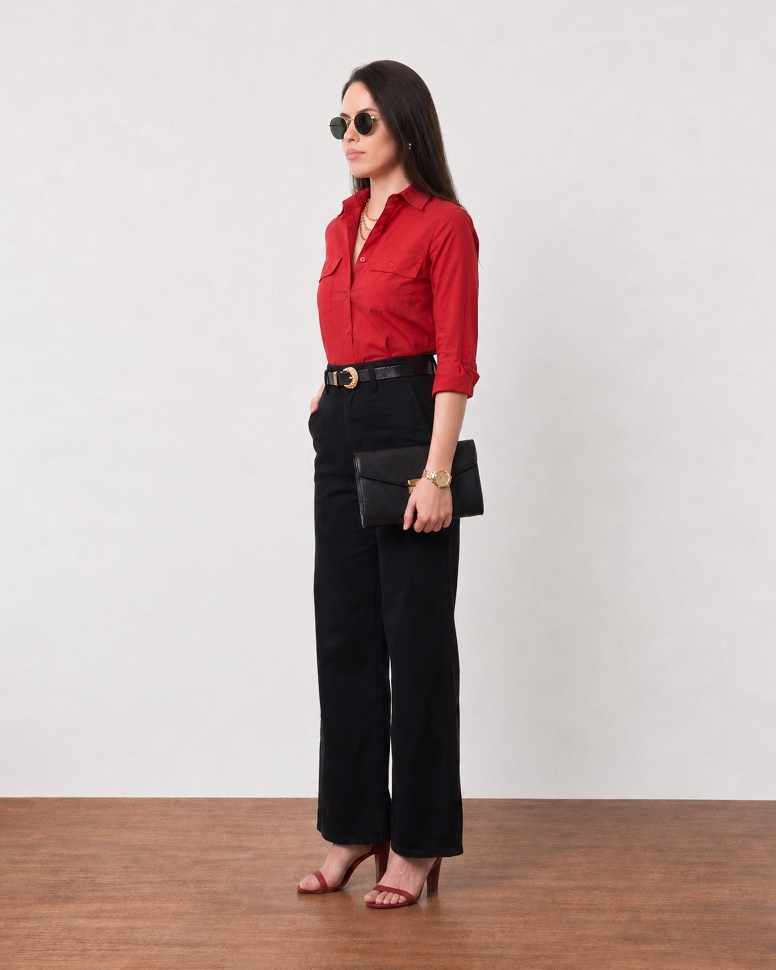 Gracy scarlet red cotton utility shirt, classy workday look