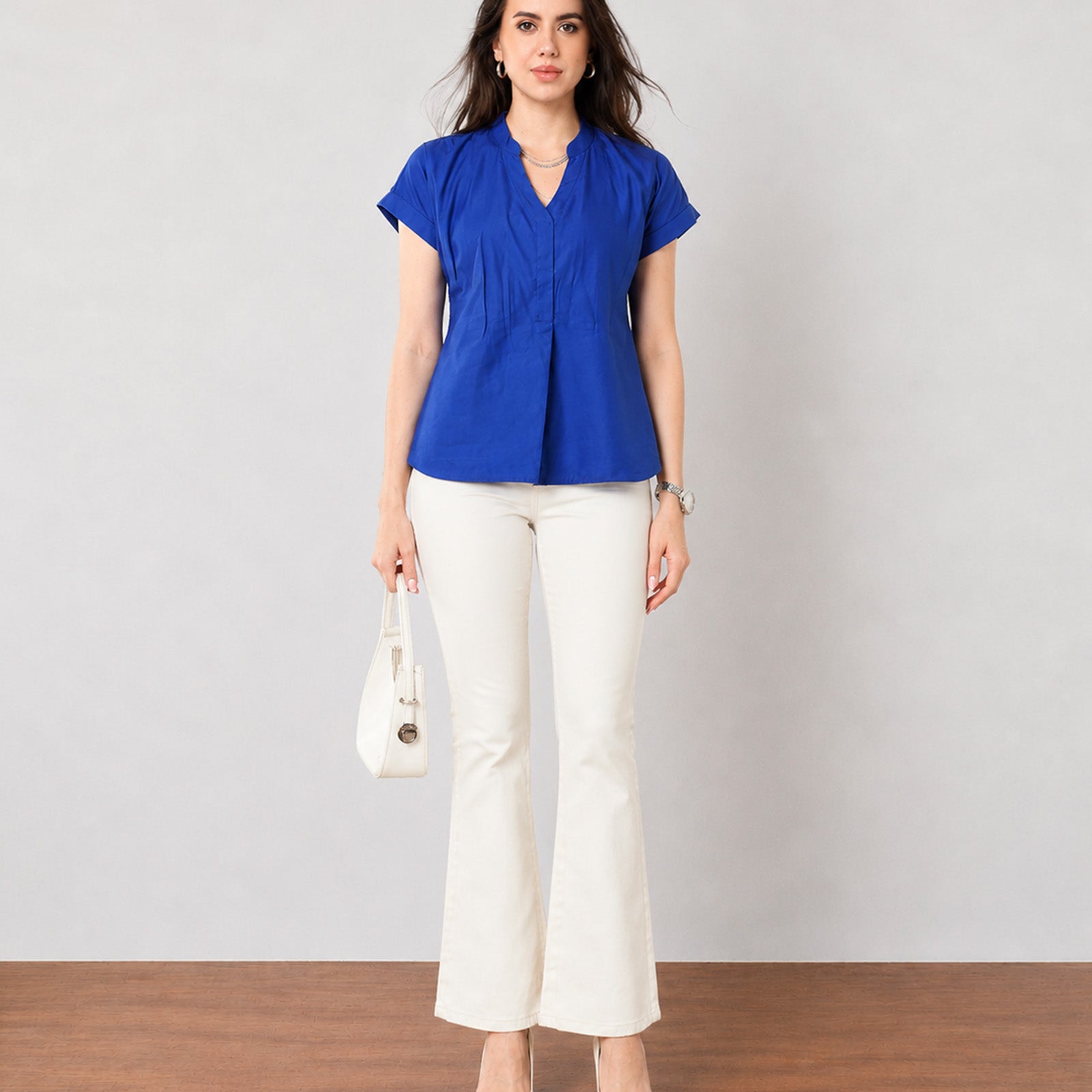 Gazillion Greta elegant royal blue cotton satin office top for women, full-length front view