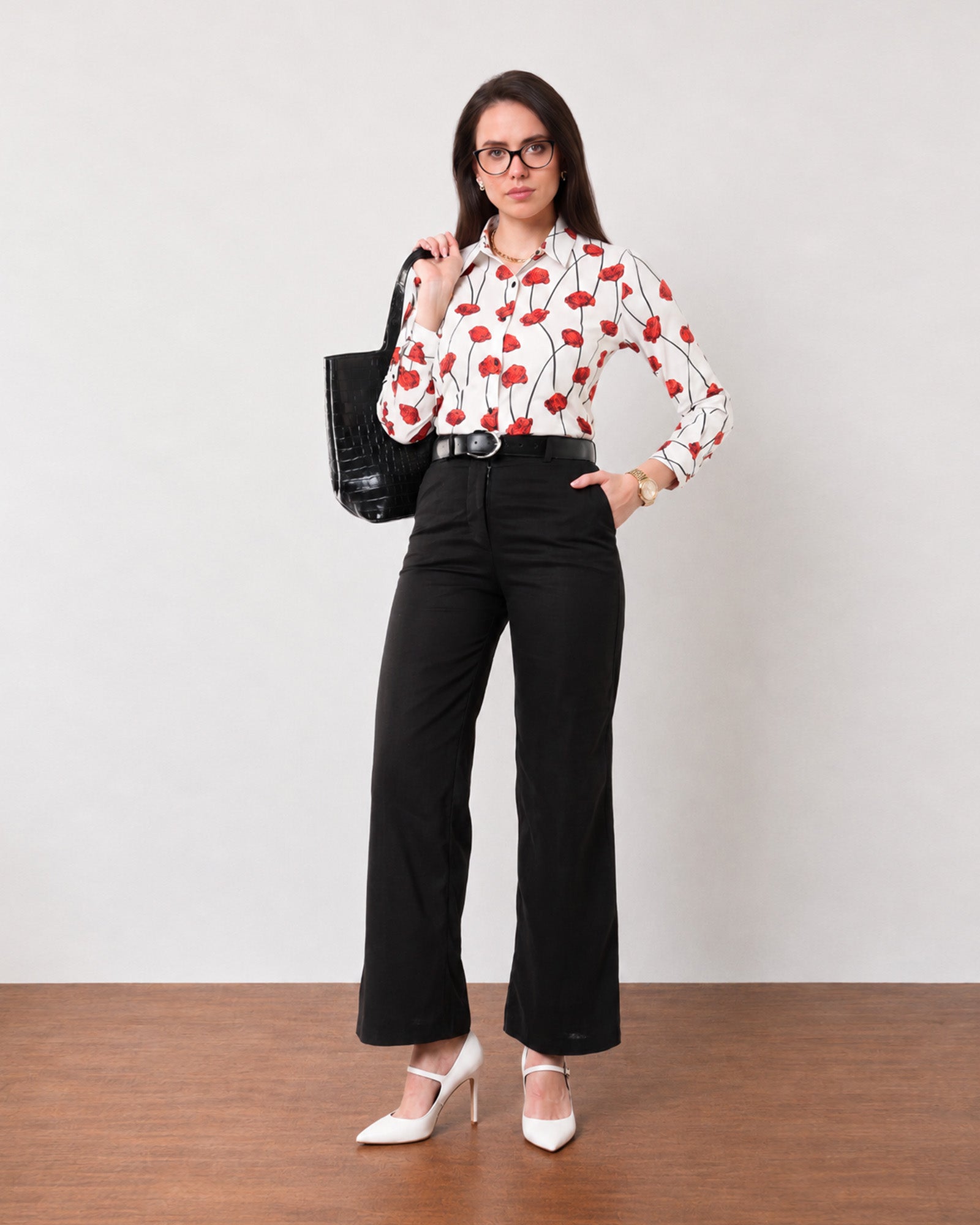 Greth white and red floral print shirt, angled three-quarter view