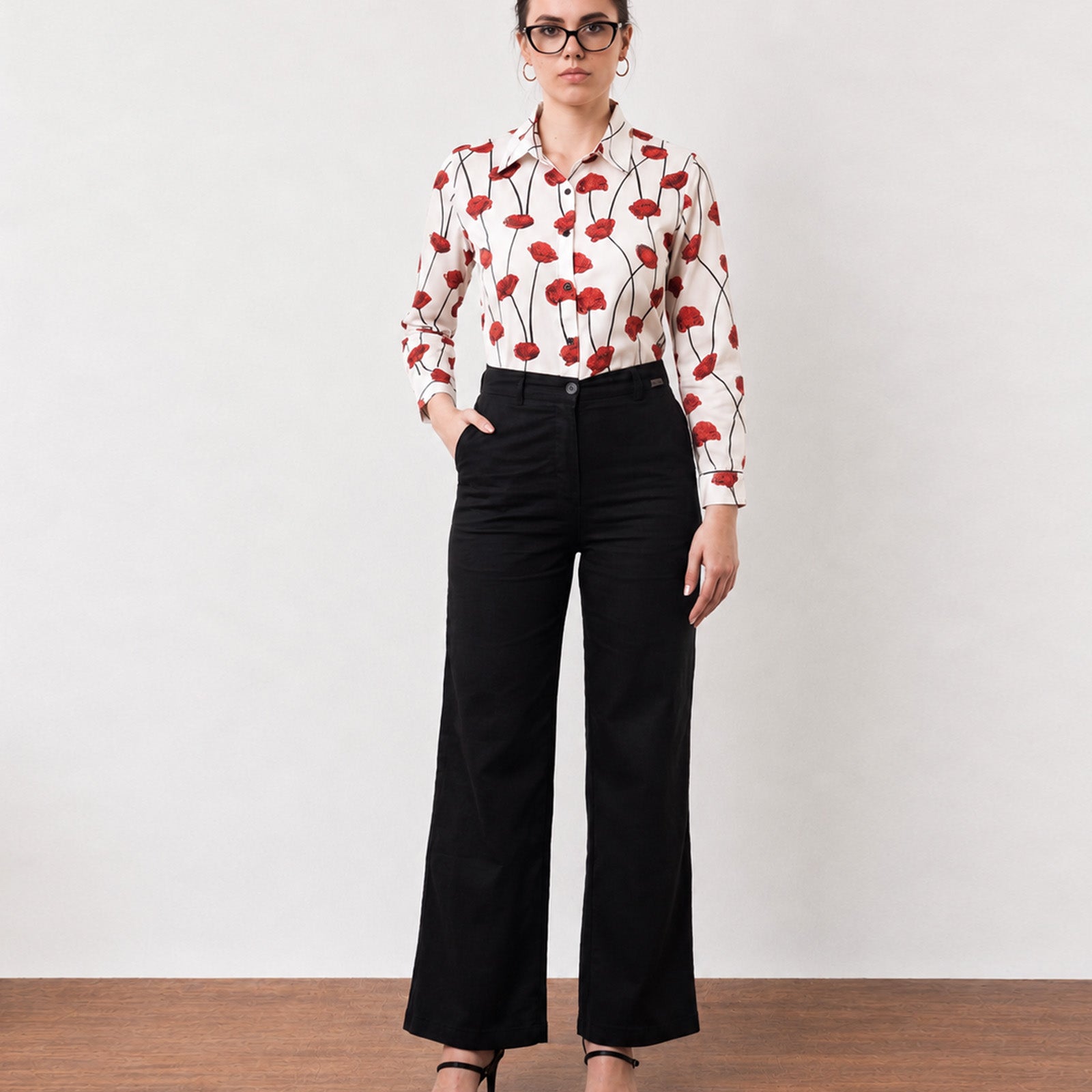 Gazillion Greth classy red floral print cotton shirt for women, full-length front view