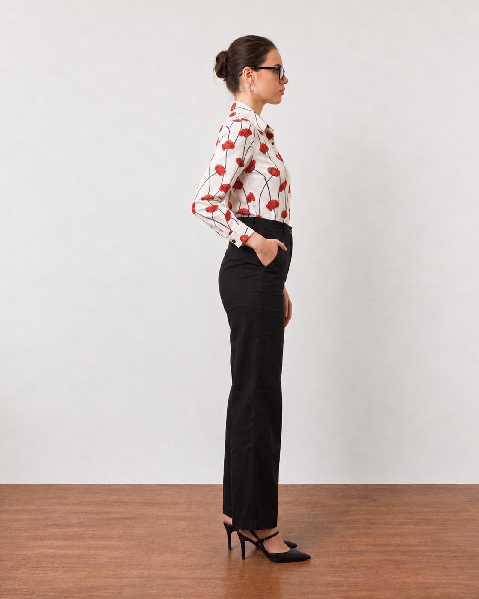 Greth red floral print shirt in the signature Zurich fit, side profile view