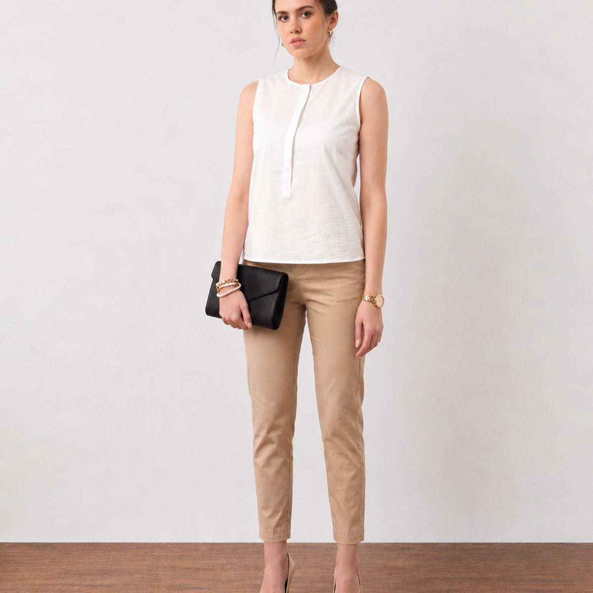 Gazillion Gusta classy white sleeveless pin tucks top for women, full-length front view